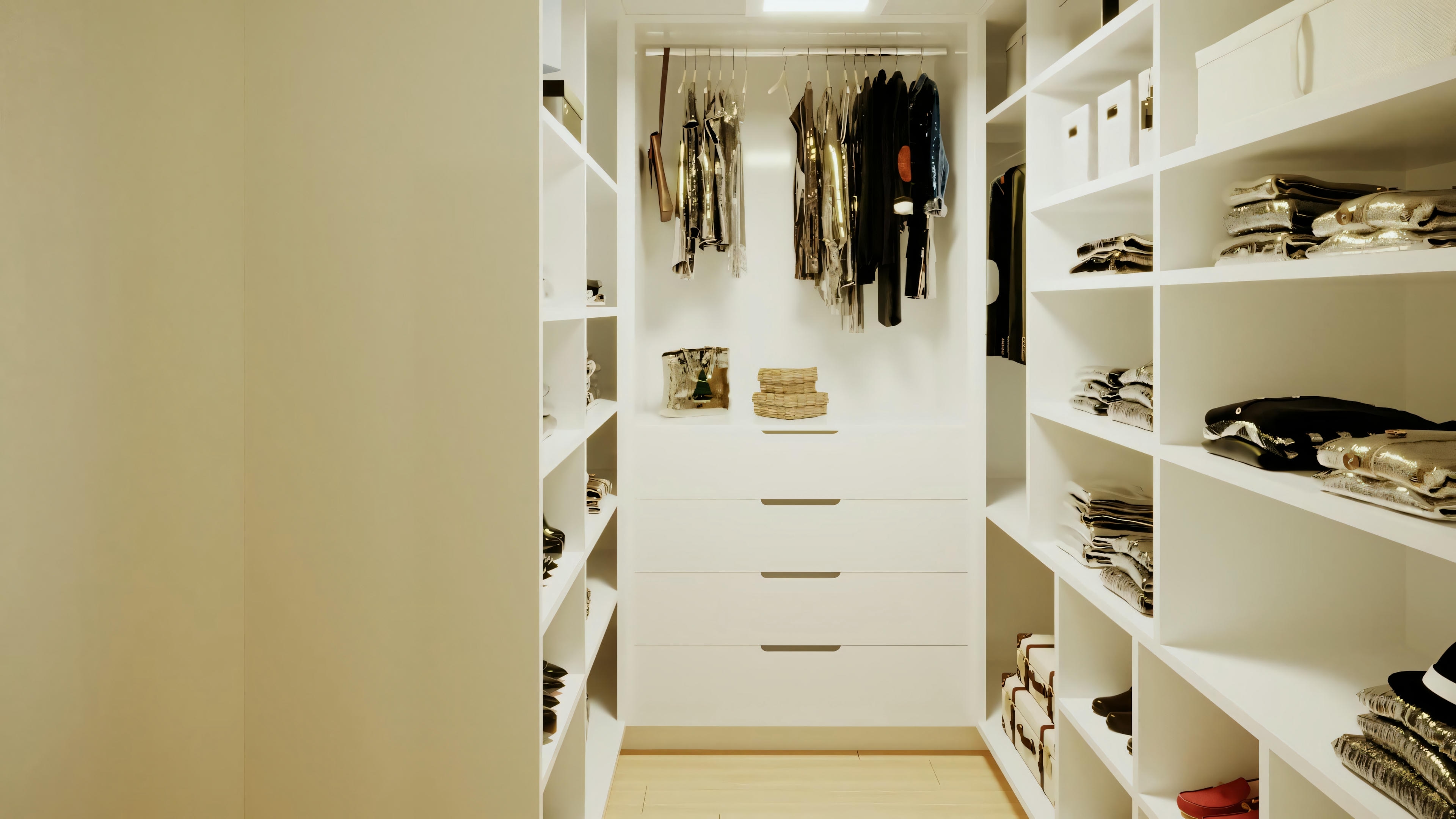 An open wardrobe filled with clothes and shoes, organized on shelves and hangers.