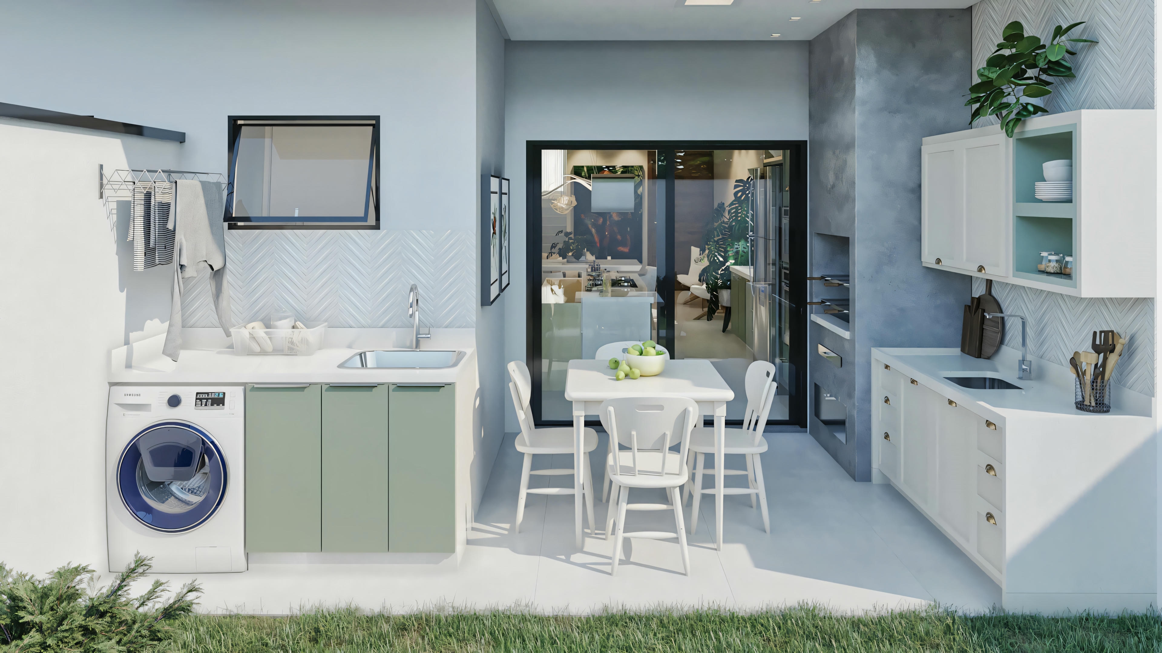 Outdoor area with laundry, including washing machine, sink, and storage cabinets. There is also a small white table with chairs in the center of the space, suggesting it can be used for dining or other activities.