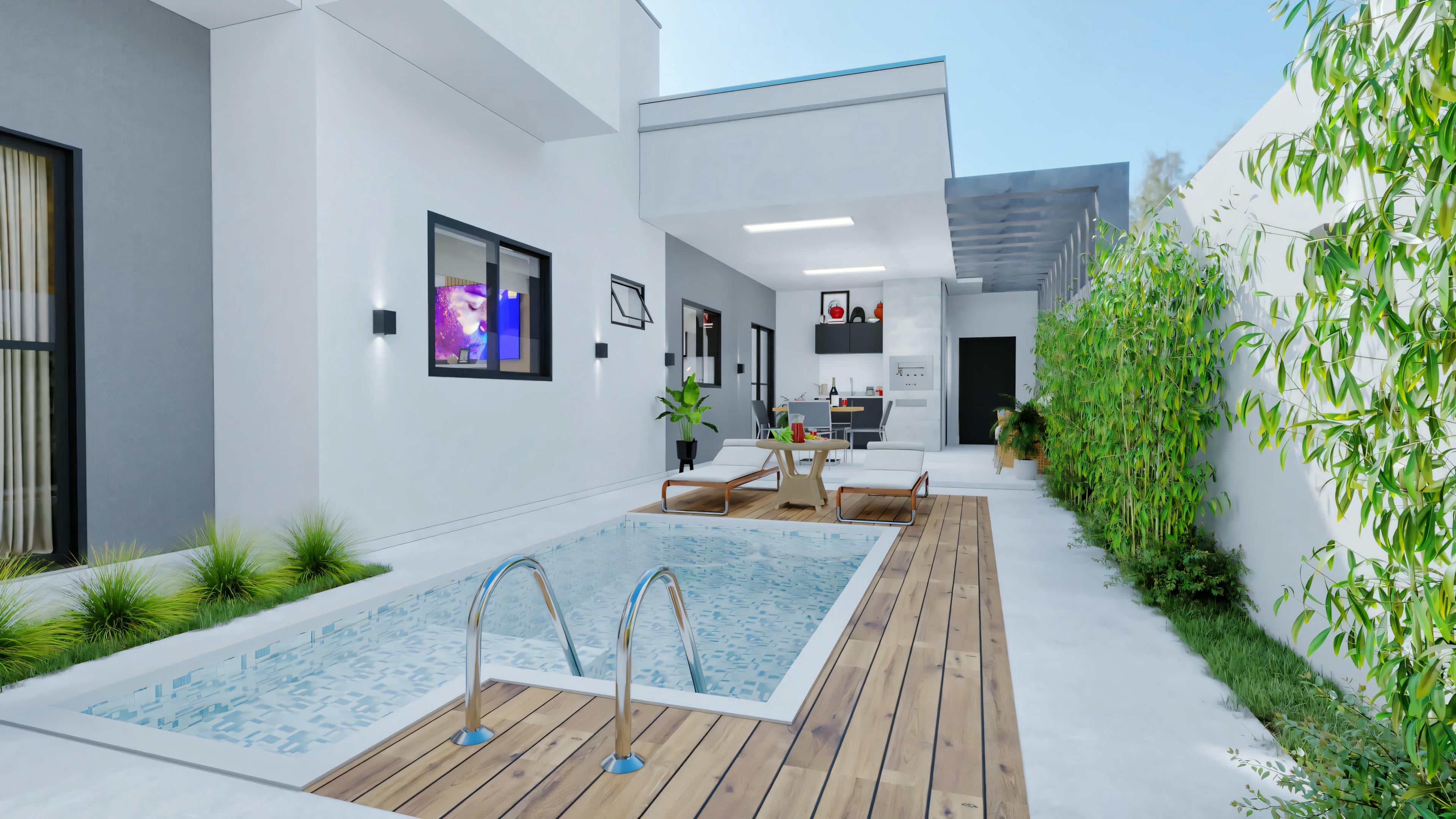 An outdoor area with a pool surrounded by a wooden deck, with two lounge chairs to the side and a building in the background with large glass doors or windows.
