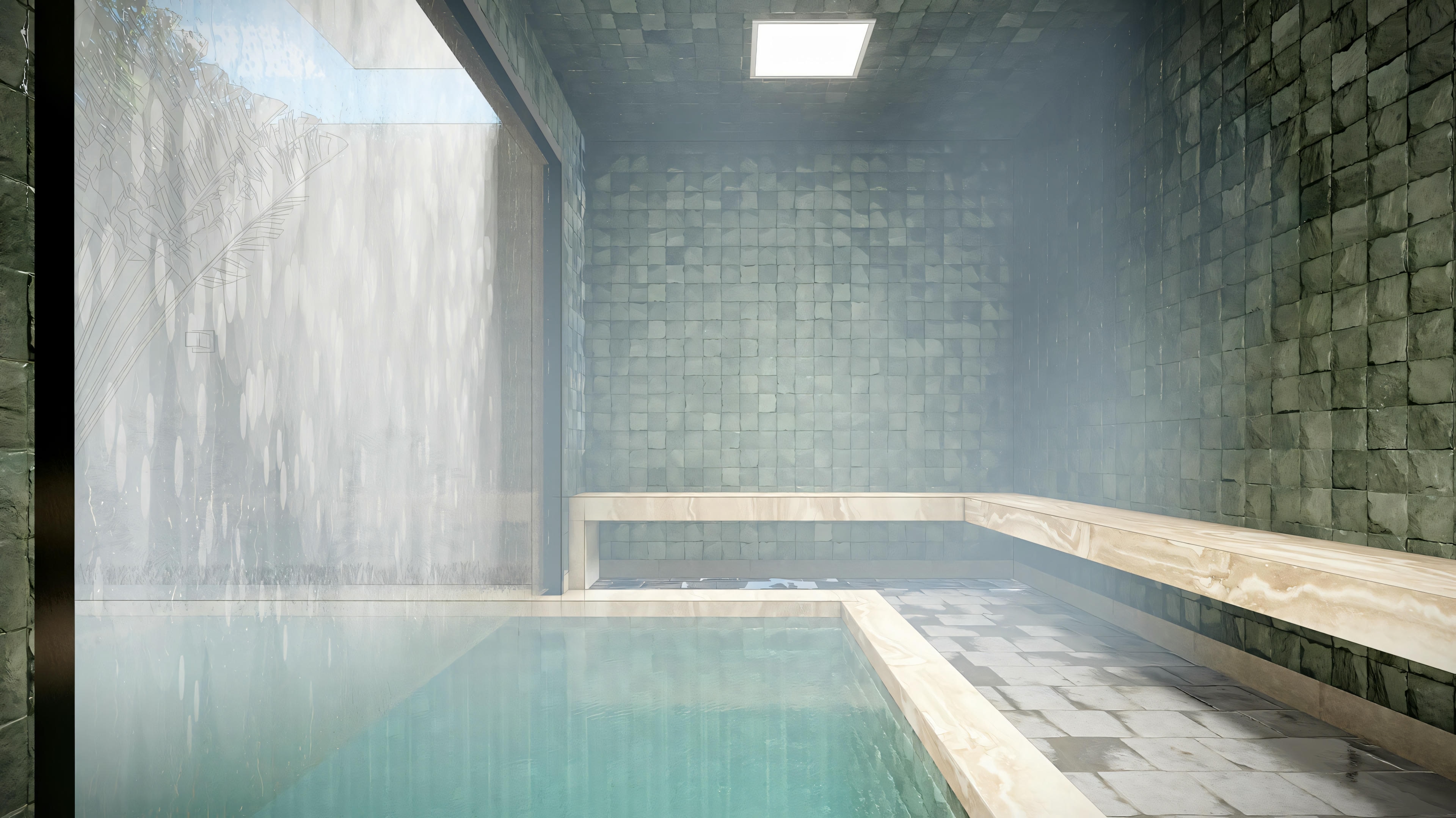 A pool area with glass walls, showing water and reflections on the surface, surrounded by dark tiles and a wooden bench or ledge.