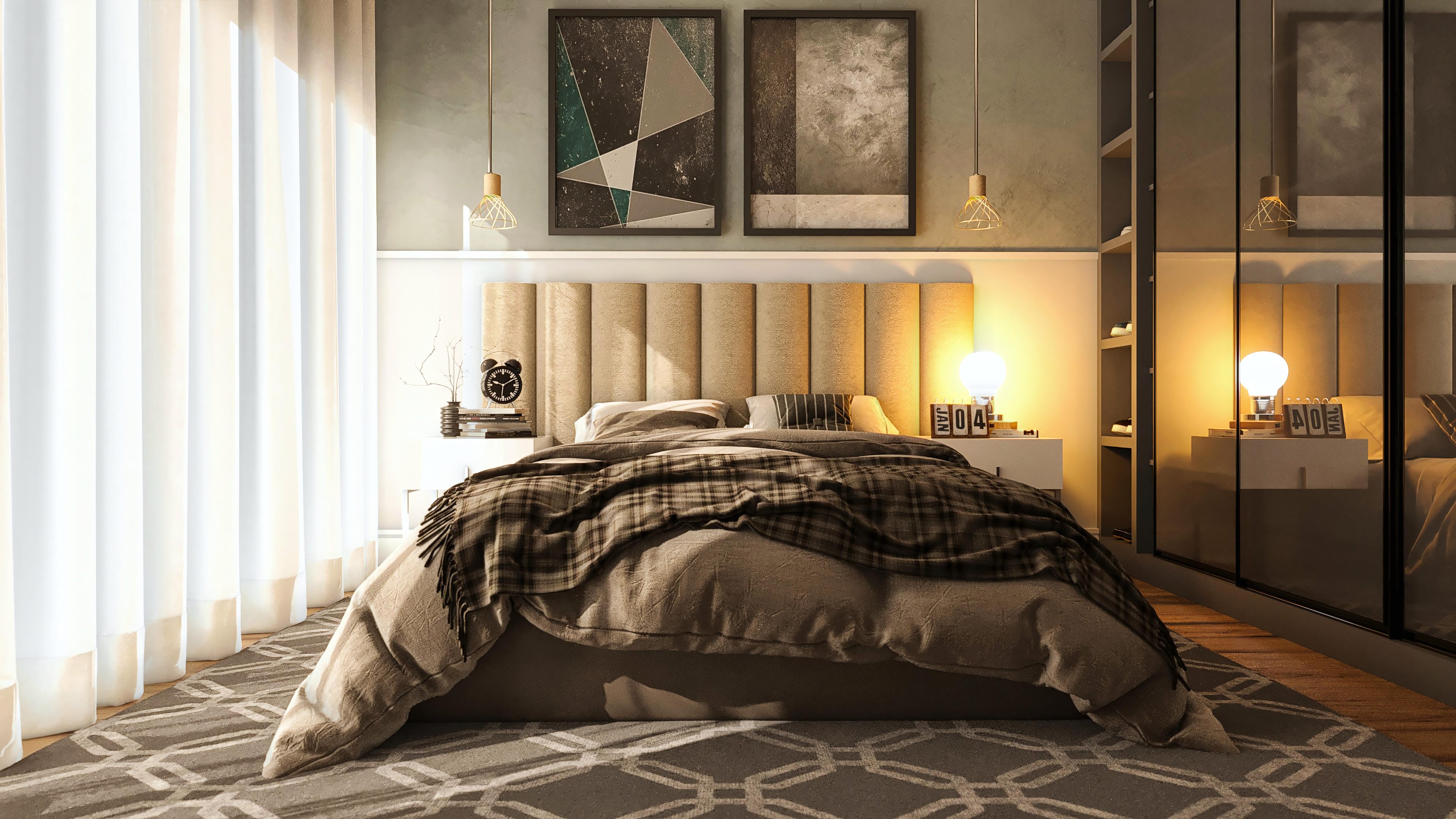 Quarto com cama king-size, cabeceira estofada em tons terrosos, criado-mudo branco e espelho com portas de correr. Decoração moderna com iluminação aconchegante.