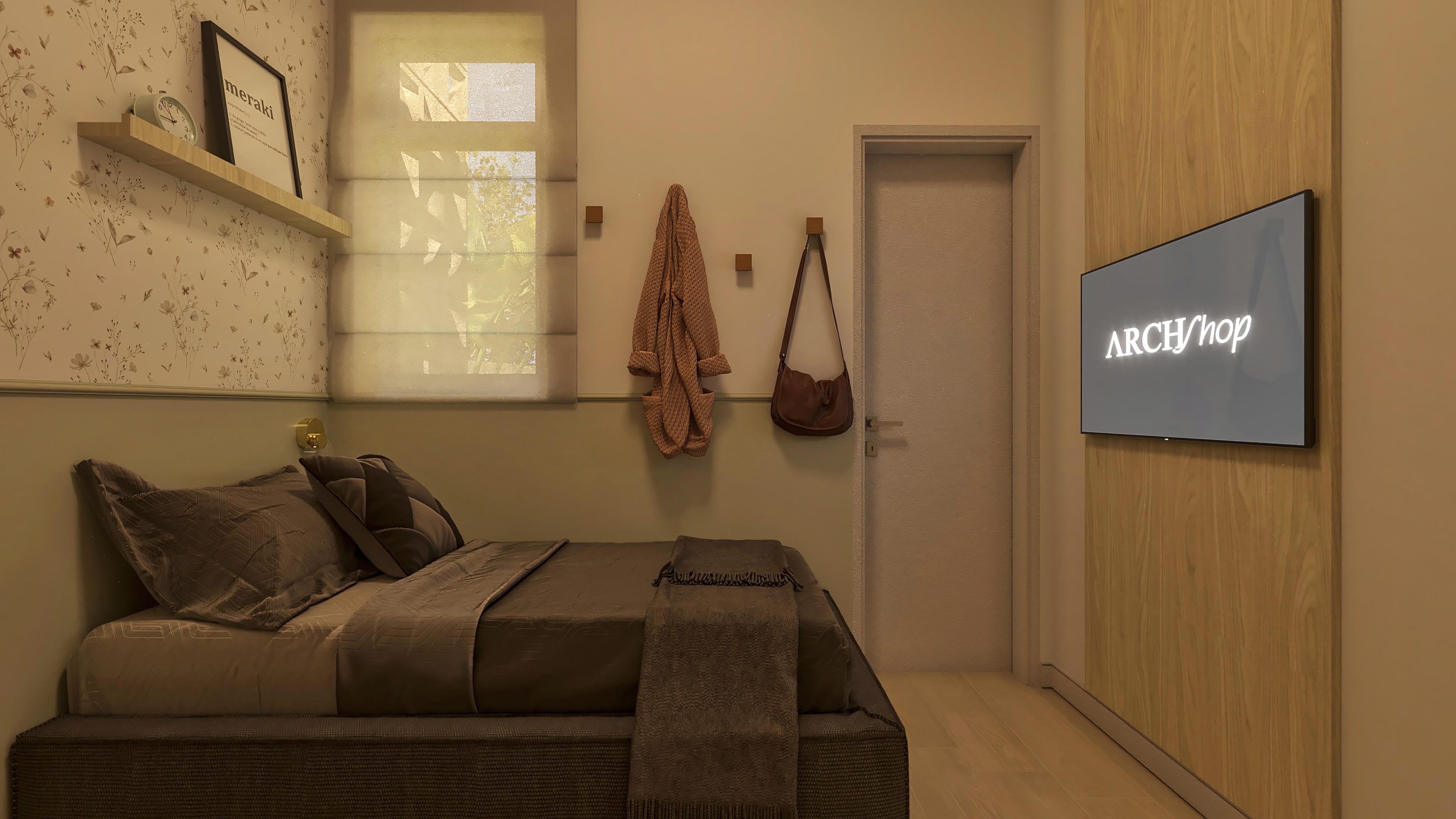 Detalle de habitación moderna con cabecera acogedora, papel tapiz floral sutil, repisa de madera con objetos decorativos e iluminación discreta.