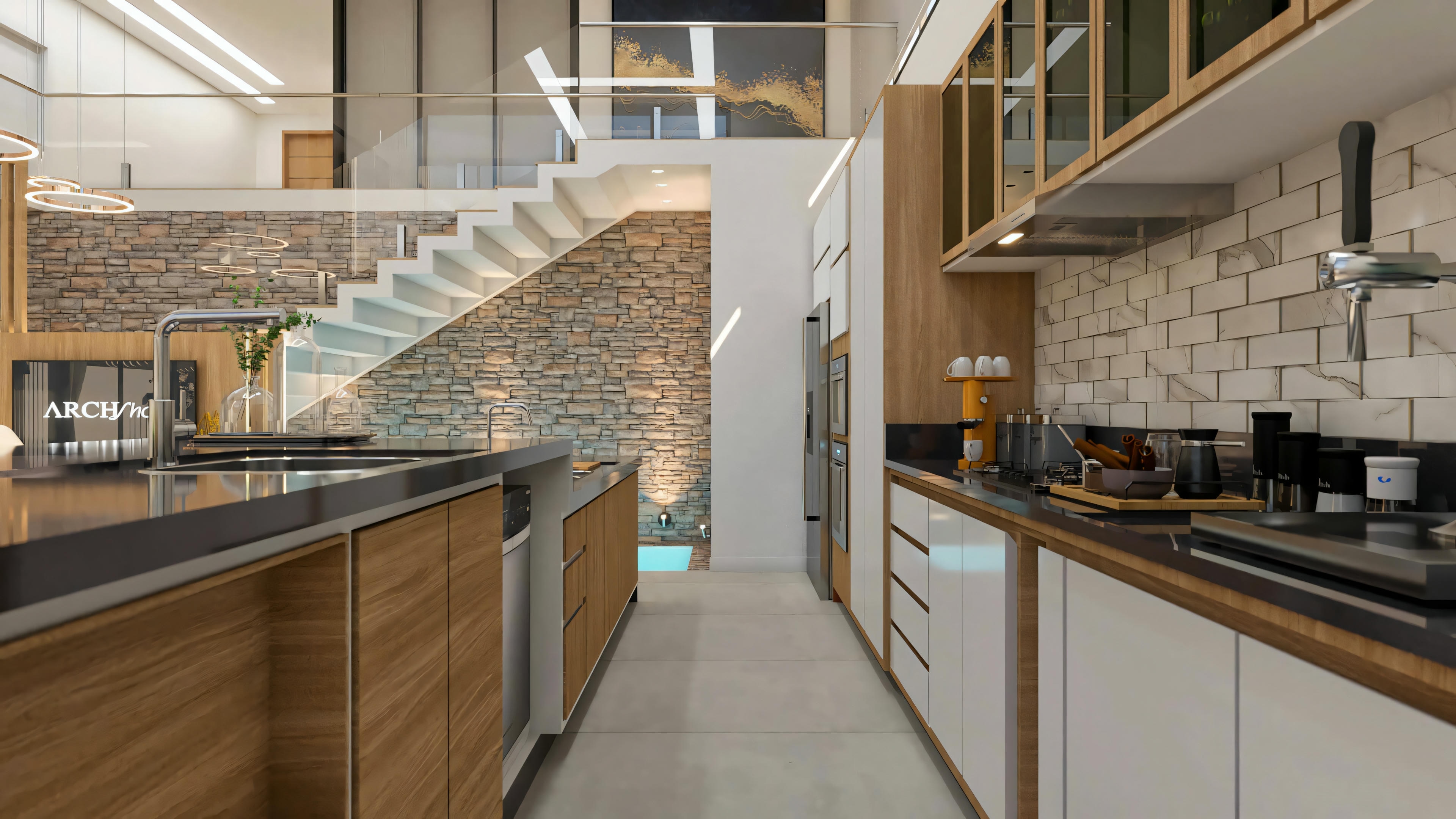 View of the complete gourmet area in the ready-made project with 5 suites, with countertops, cabinets, sink on the island, wine cellar, and view of the staircase and pool.