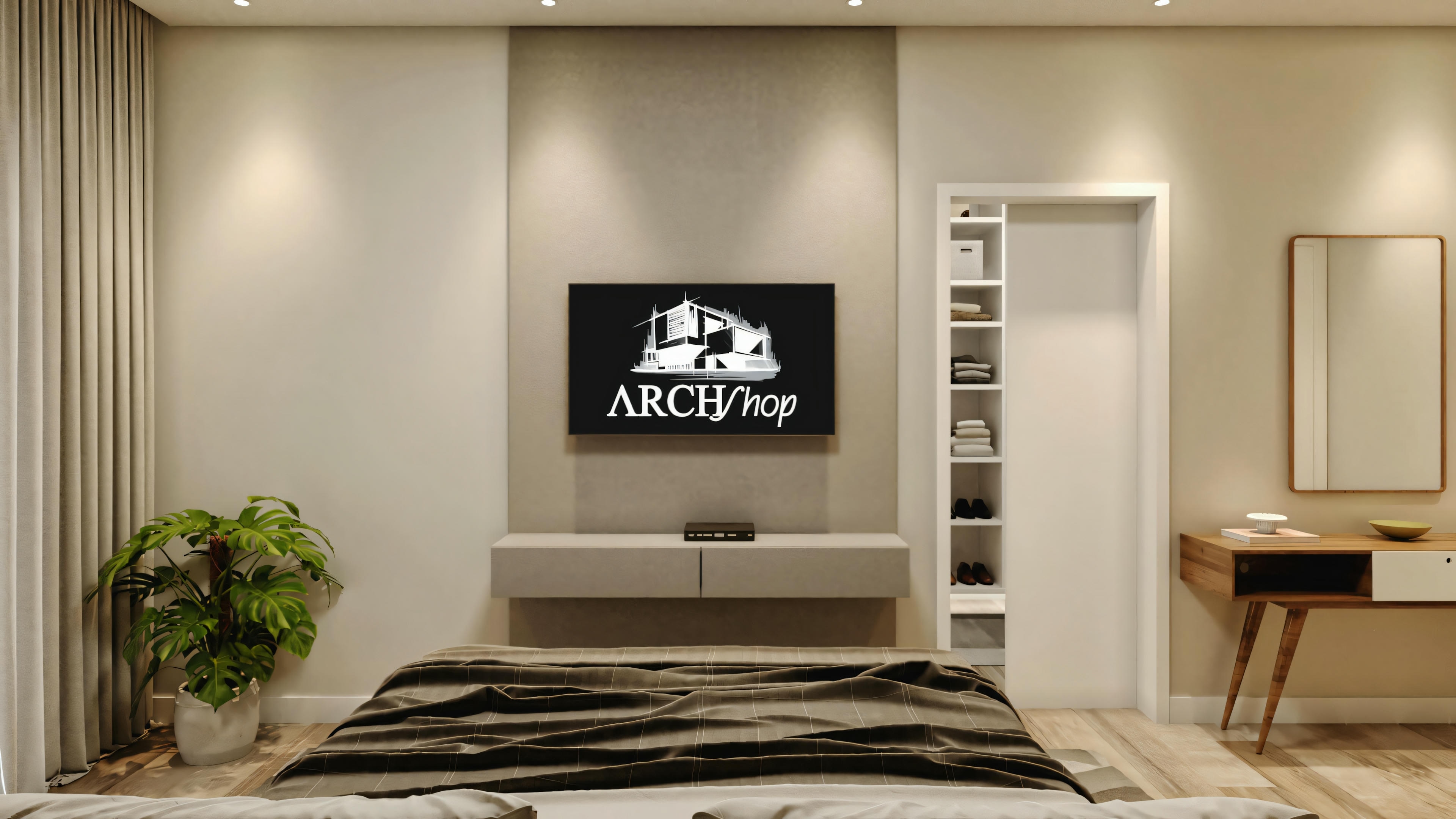 Uma sala de estar com televisão e mesa de jantar ao fundo.
