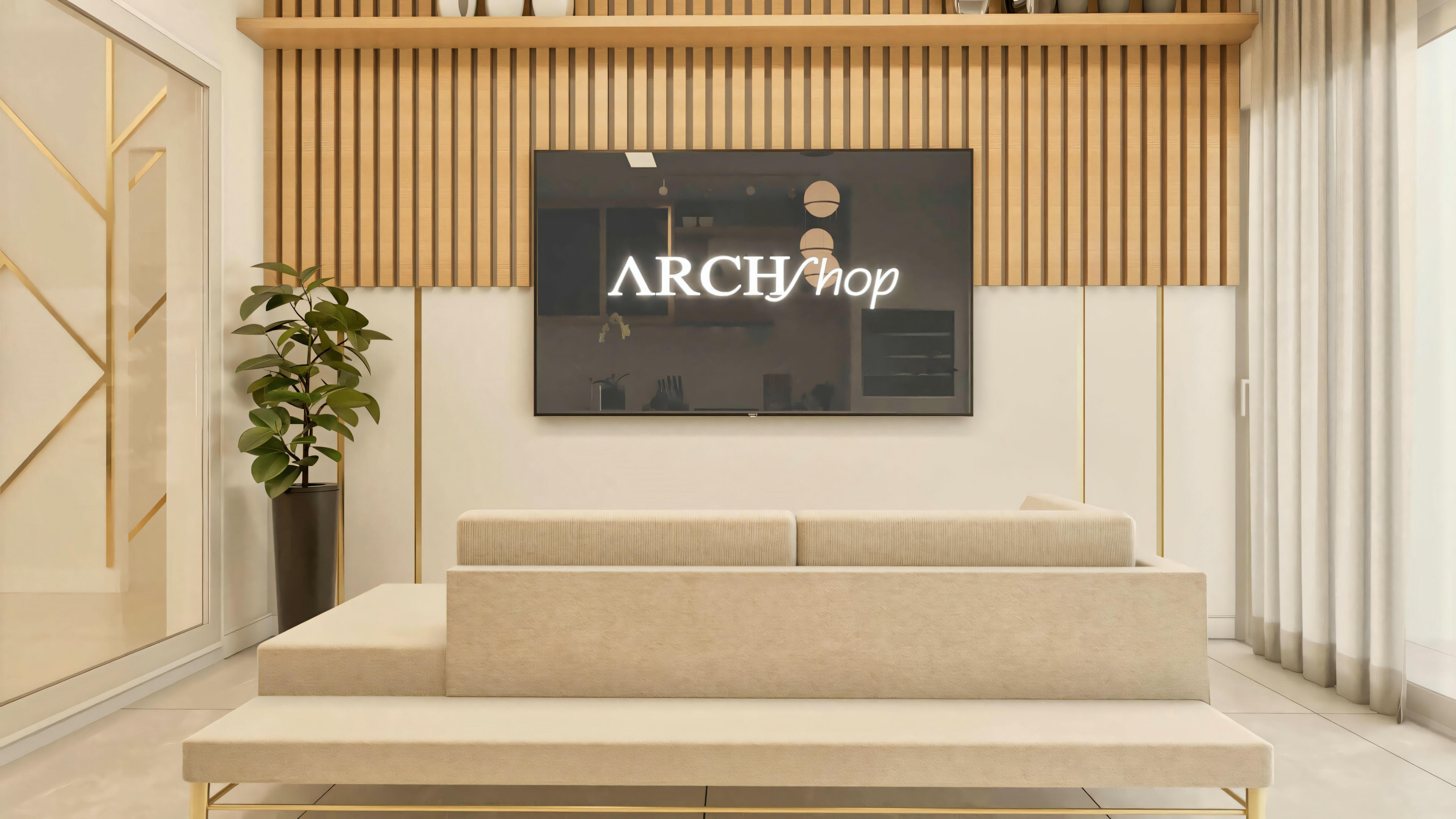 Foto da sala de TV desta planta de casa moderna térrea com 3 quartos (203.67m²). Destaque para o painel de TV com madeira ripada, sofá modular de design e decoração com elementos dourados.