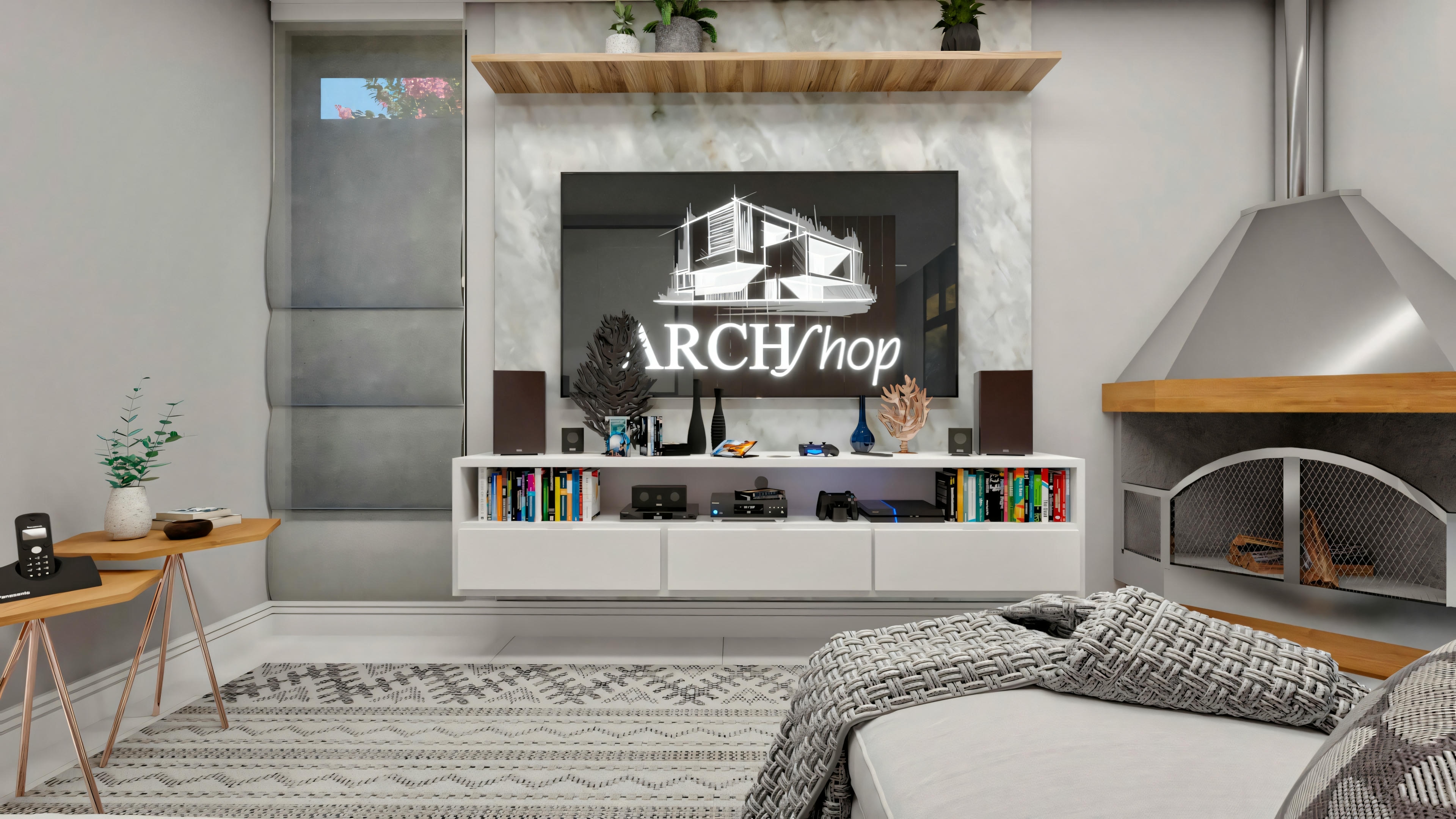 Salón moderno com sofá branco, mesa de centro y unidad de entretenimiento com TV y objetos decorativos.