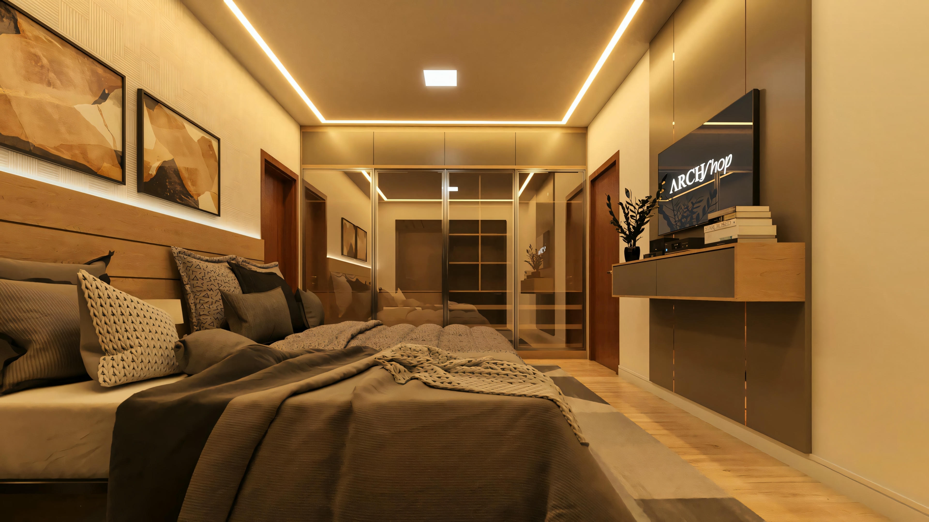 Perspectiva de la suite amplia en proyecto de casa moderna, enfocando en la pared con panel para TV, rack suspendido, armario con puertas espejadas e iluminación de sanca LED.