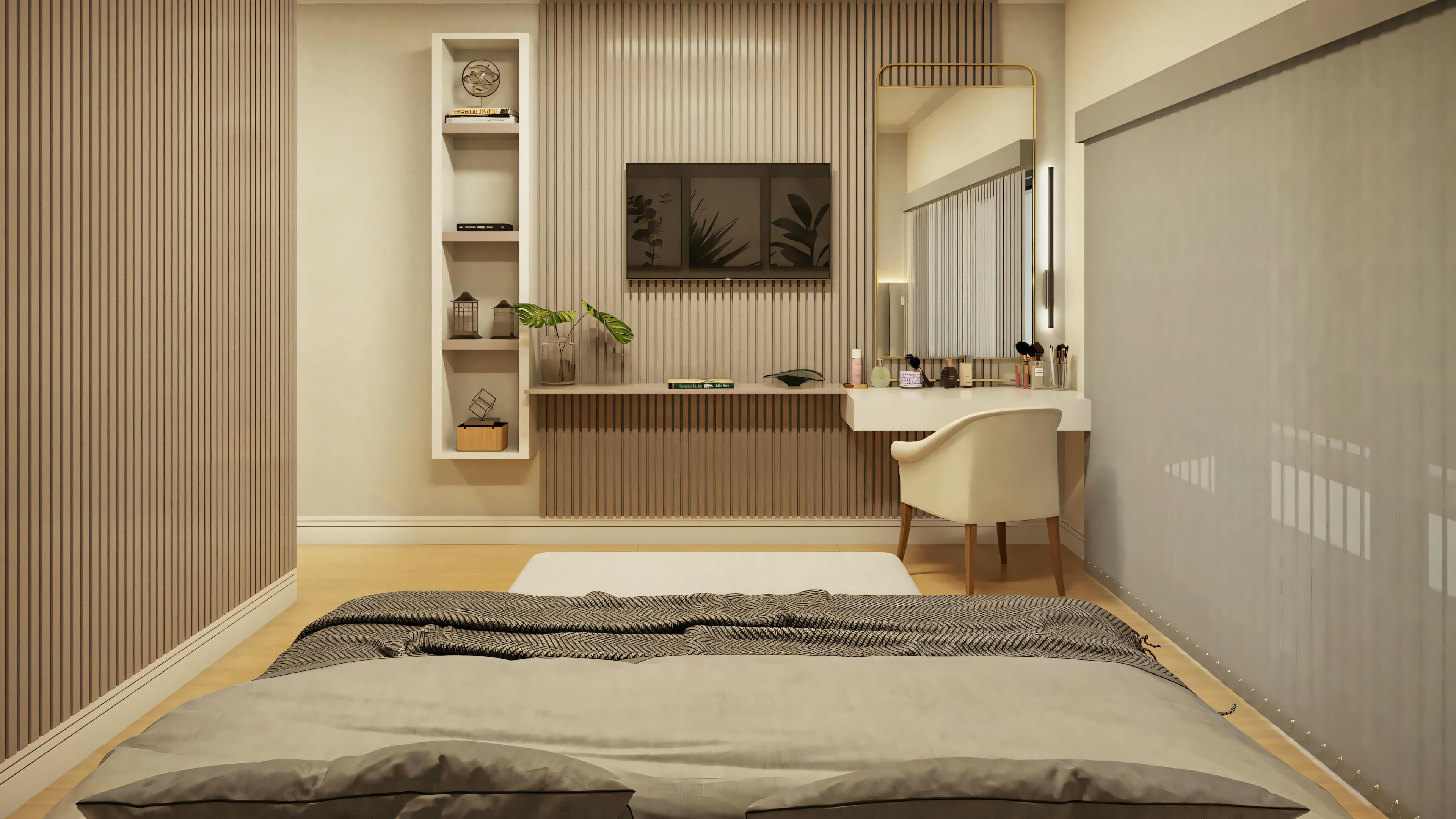 Vista de la cama en la suite principal, mostrando panel listonado con TV y encimera, en el plano listo de casa con 3 suites y área gourmet. Proyecto casa lista 368m².