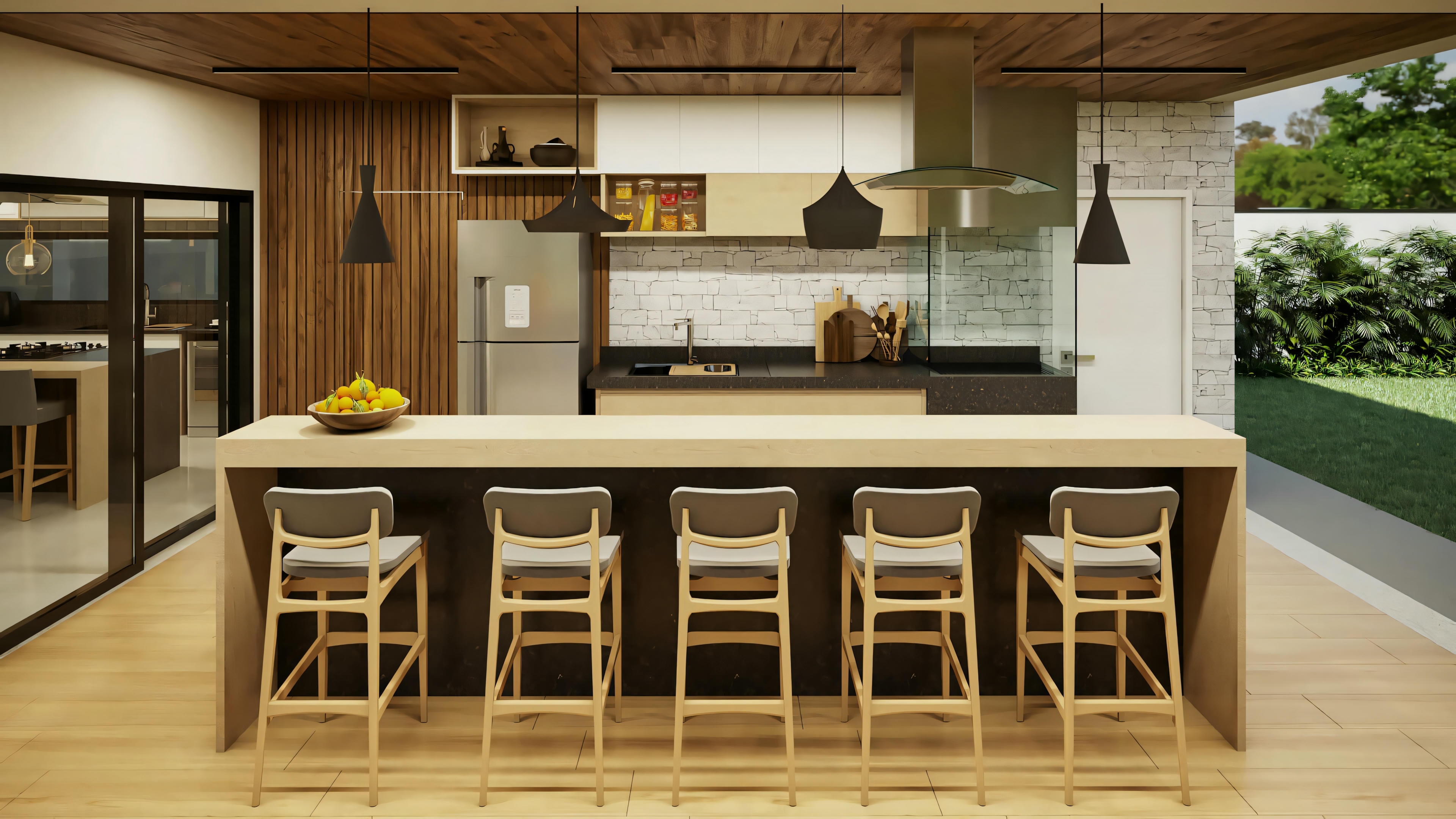 Amplia área gourmet con encimera y parrilla (implícita), parte del plano listo de casa con 3 suites. Espacio integrado con jardín. Proyecto casa lista 368.67m².