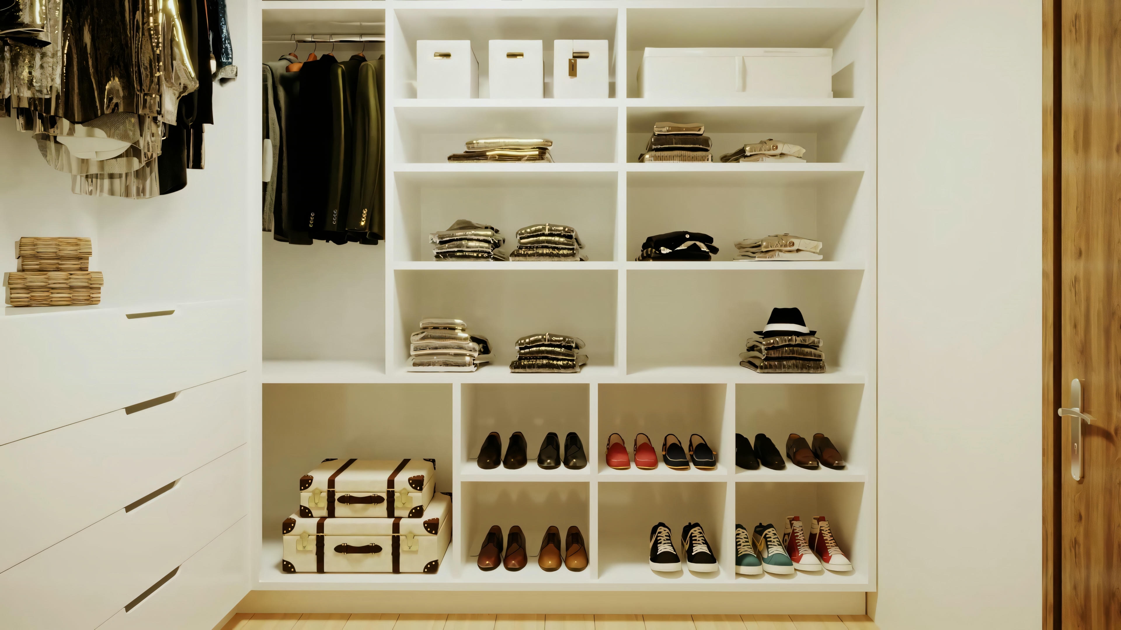 Un armario organizado con estanterías que contienen varios zapatos y bolsos.