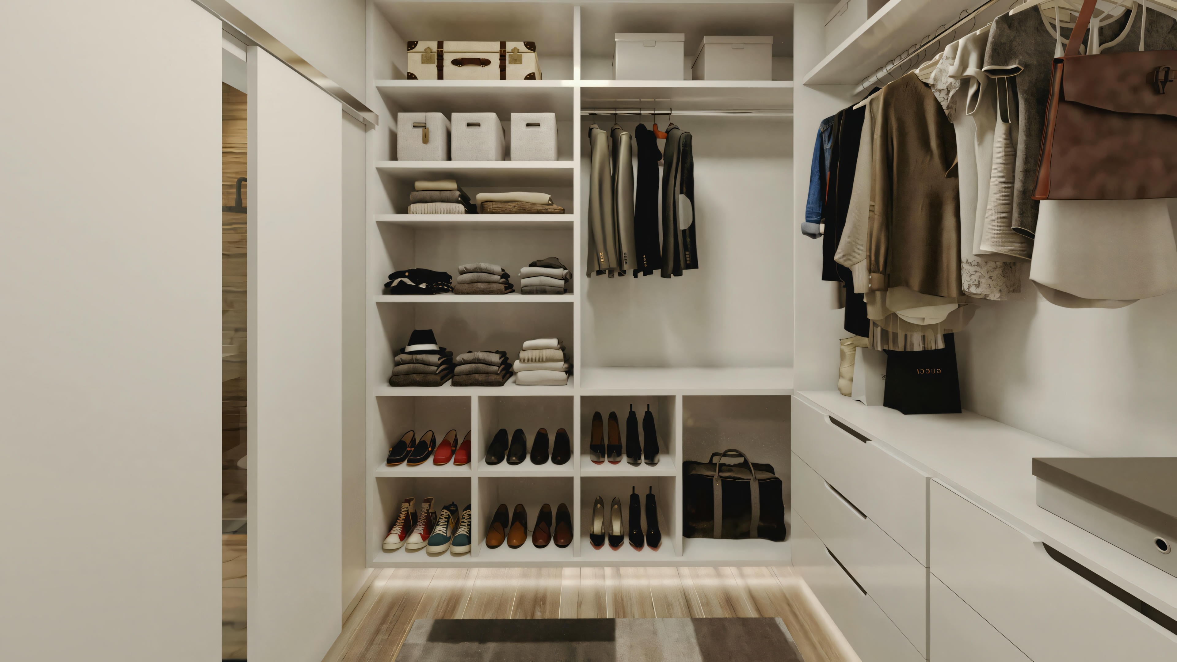Un armario organizado con varios compartimentos para ropa, zapatos y accesorios.