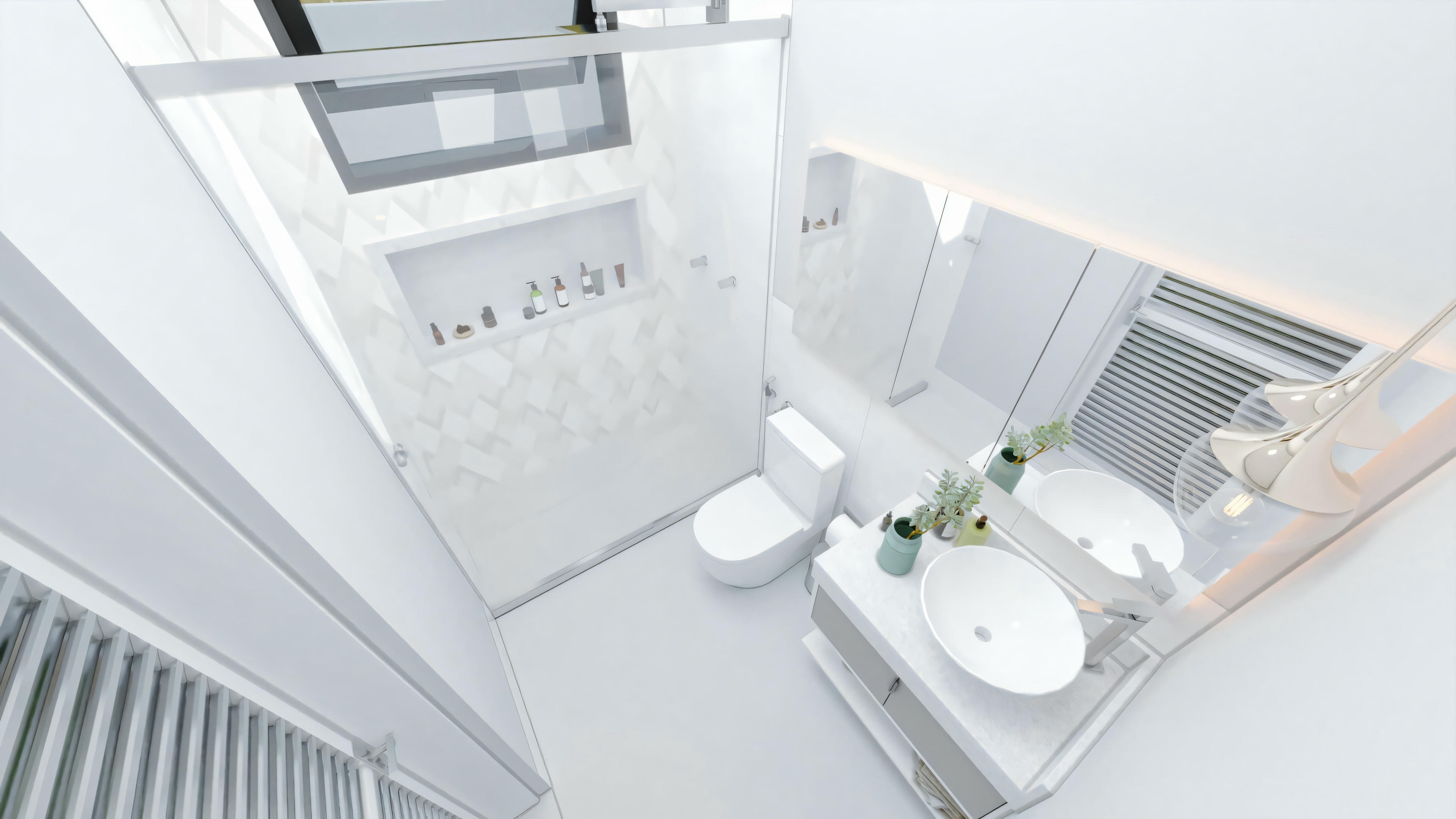Un baño moderno visto desde arriba, con esquema de colores blancos, bañera, cabina de ducha con puertas de cristal, dos lavabos con espejos y un calentador de toallas o radiador.