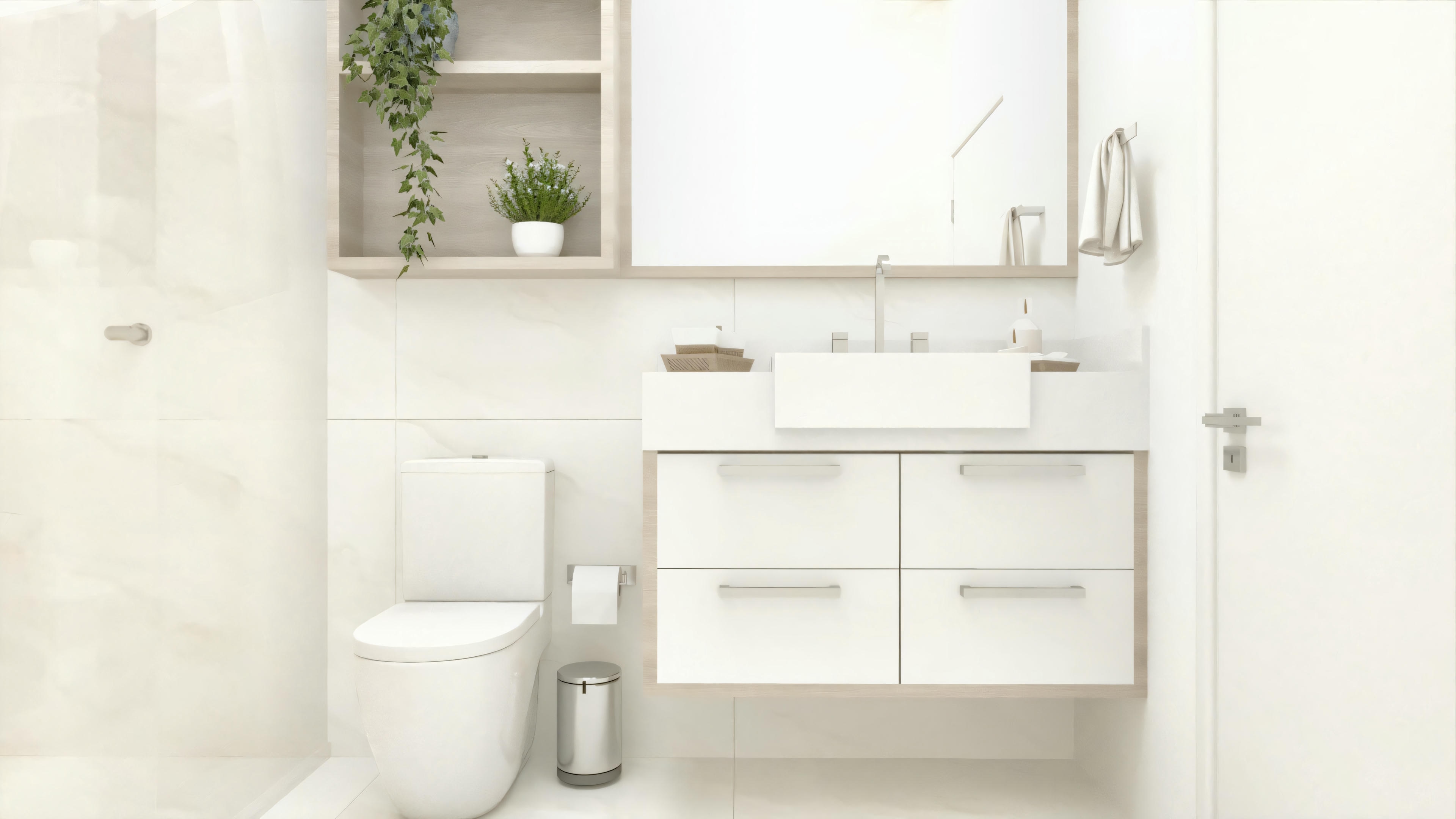 A bathroom with a white sink with drawers, a toilet to the side, and a shower stall with glass doors.