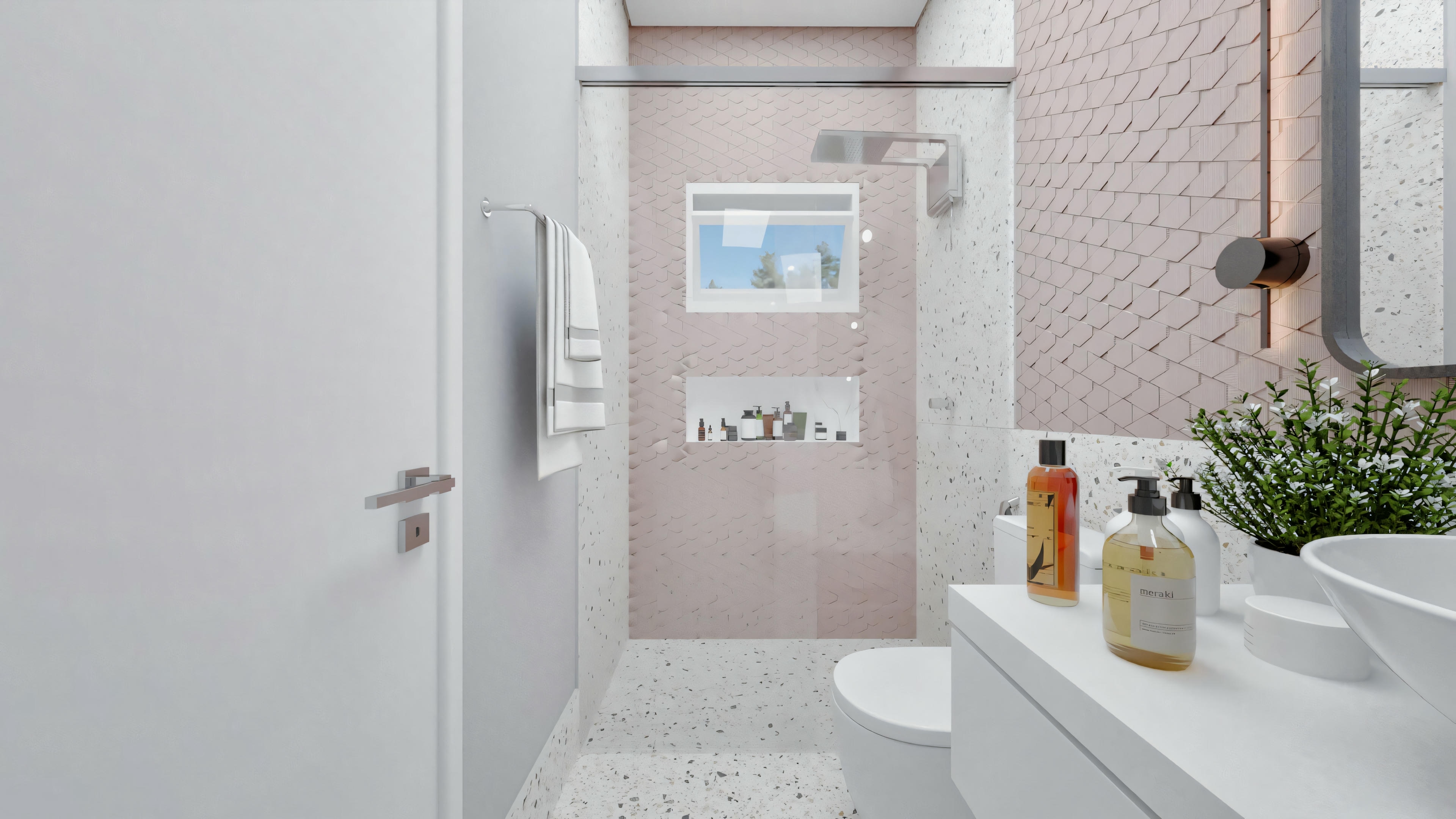 A bathroom with white walls, shower with glass doors, and a sink with a mirror above.