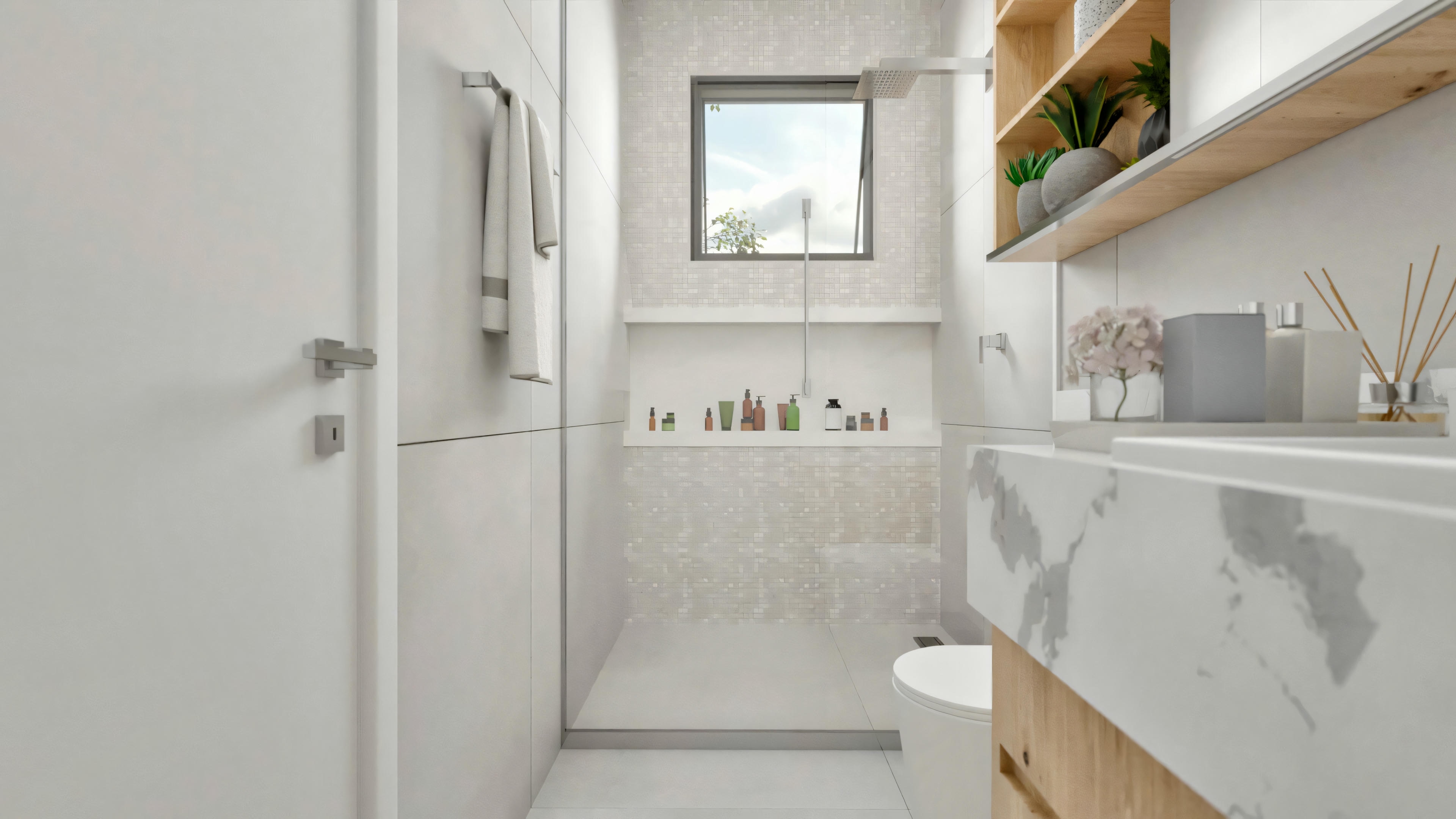 Cocina moderna con gabinetes blancos, fregadero y ventana.