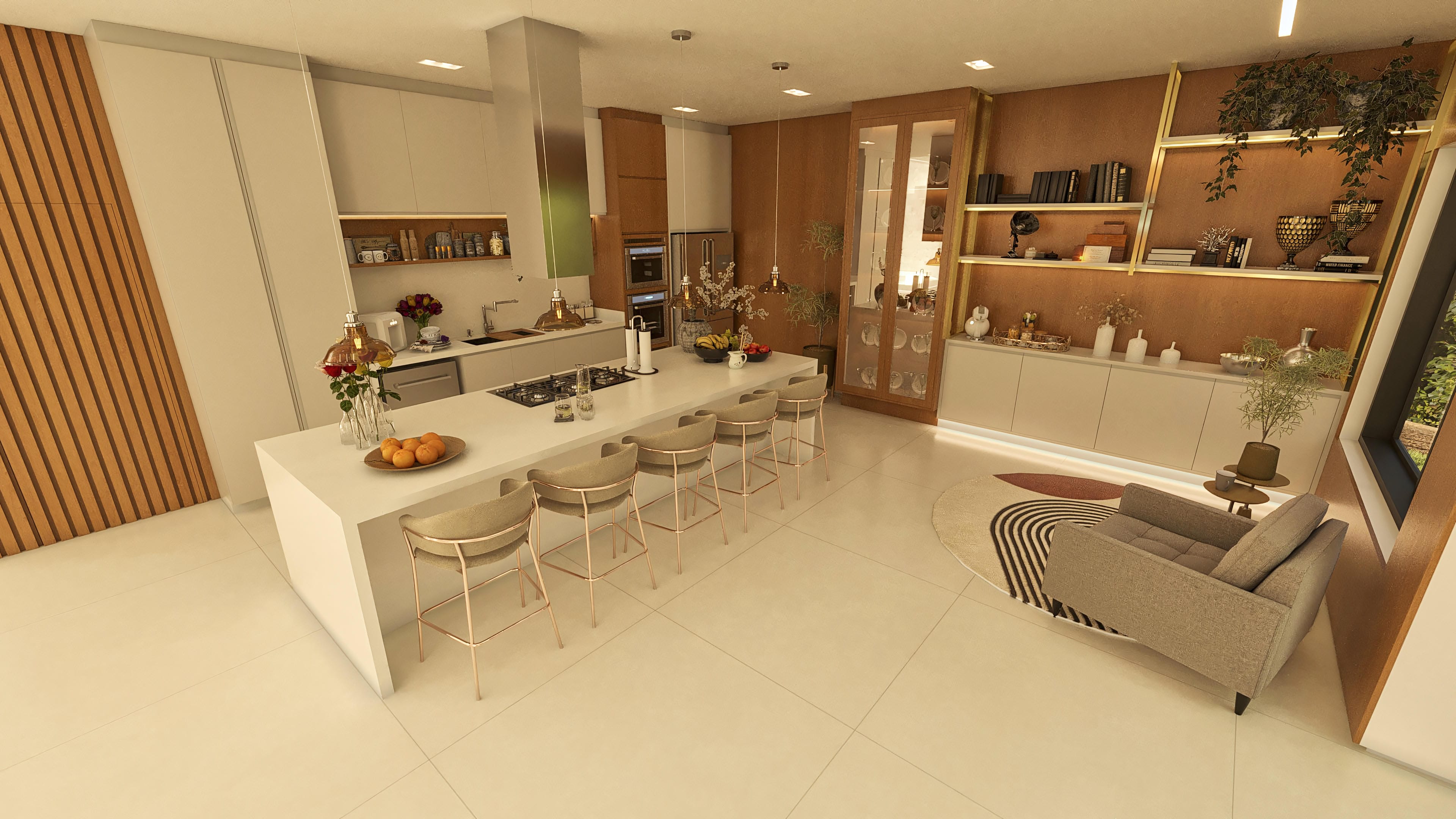 Interior de cozinha moderna de alto padrão com ilha central em quartzo branco, bancada com cooktop embutido e banquetas elegantes. Armários planejados em tons neutros e amadeirados, detalhes em metal dourado e iluminação em LED.