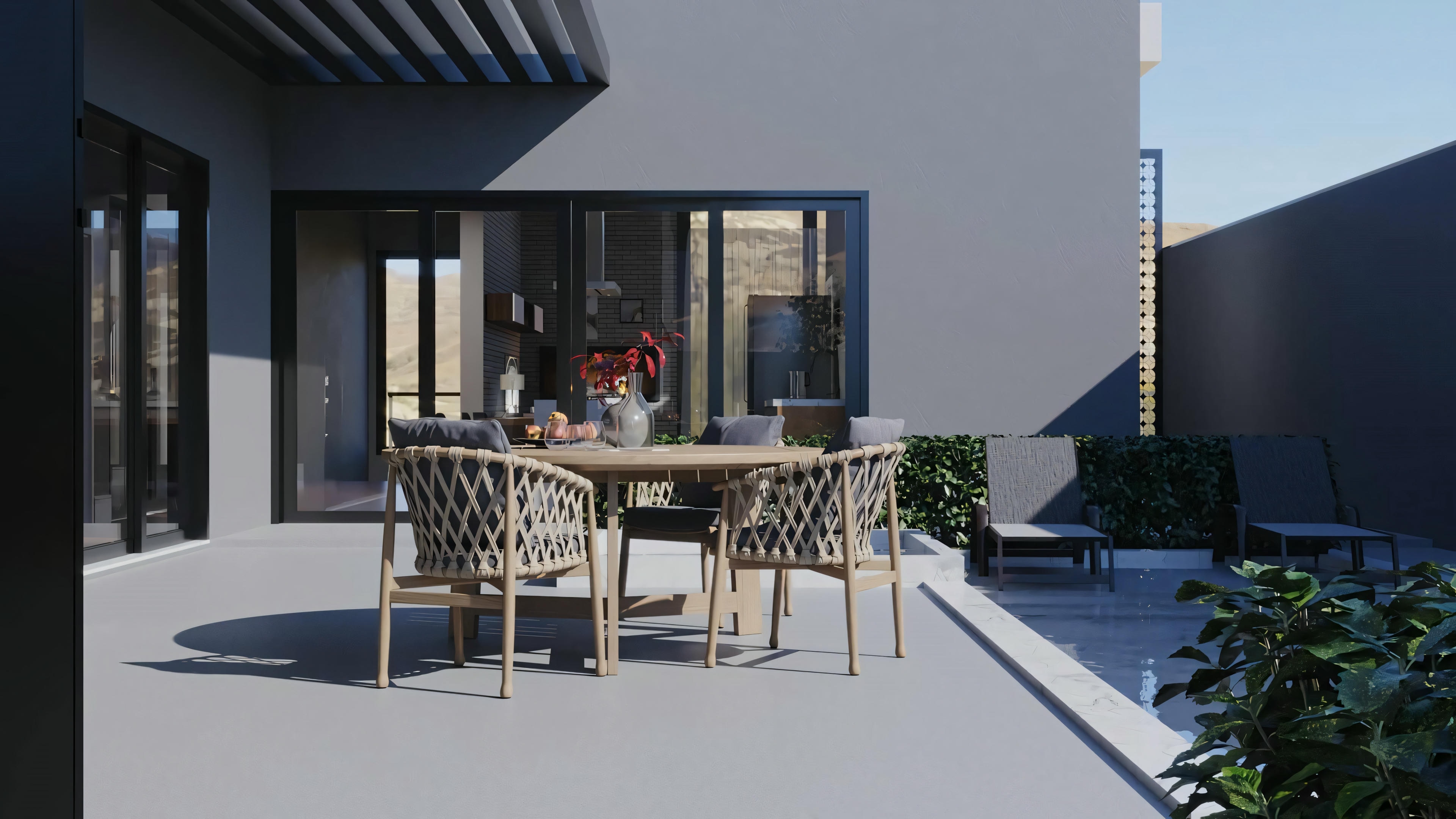 Dining area with an open door leading to an outdoor space.