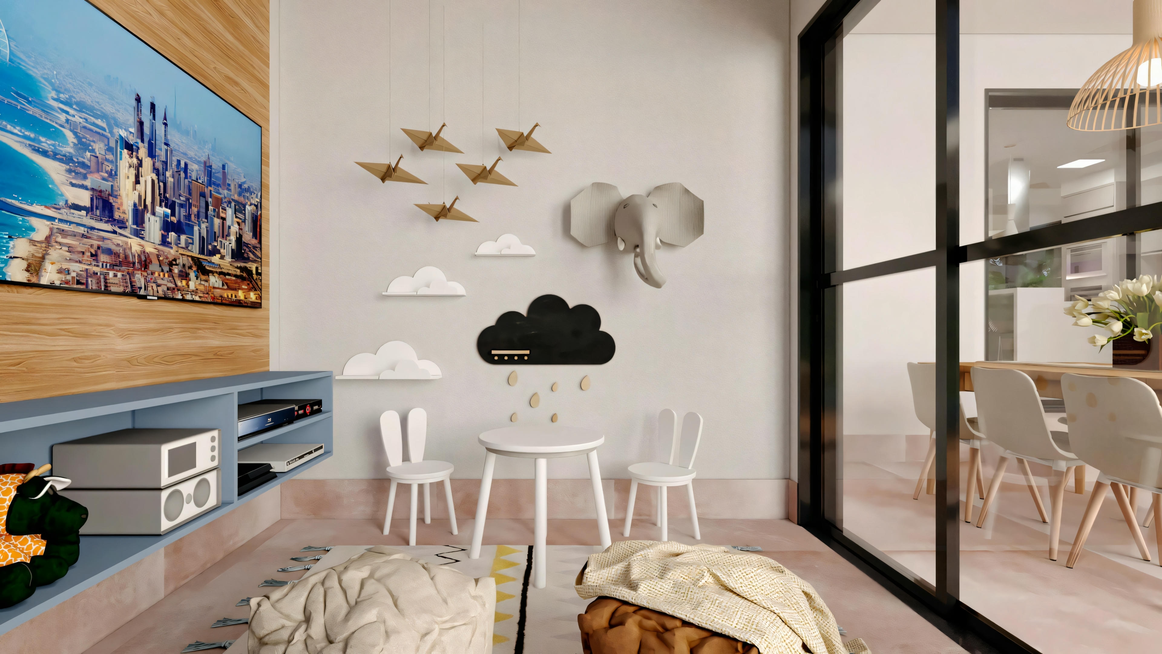 A dining room with a table and chairs, decorative wall elements, and large windows with an exterior view.