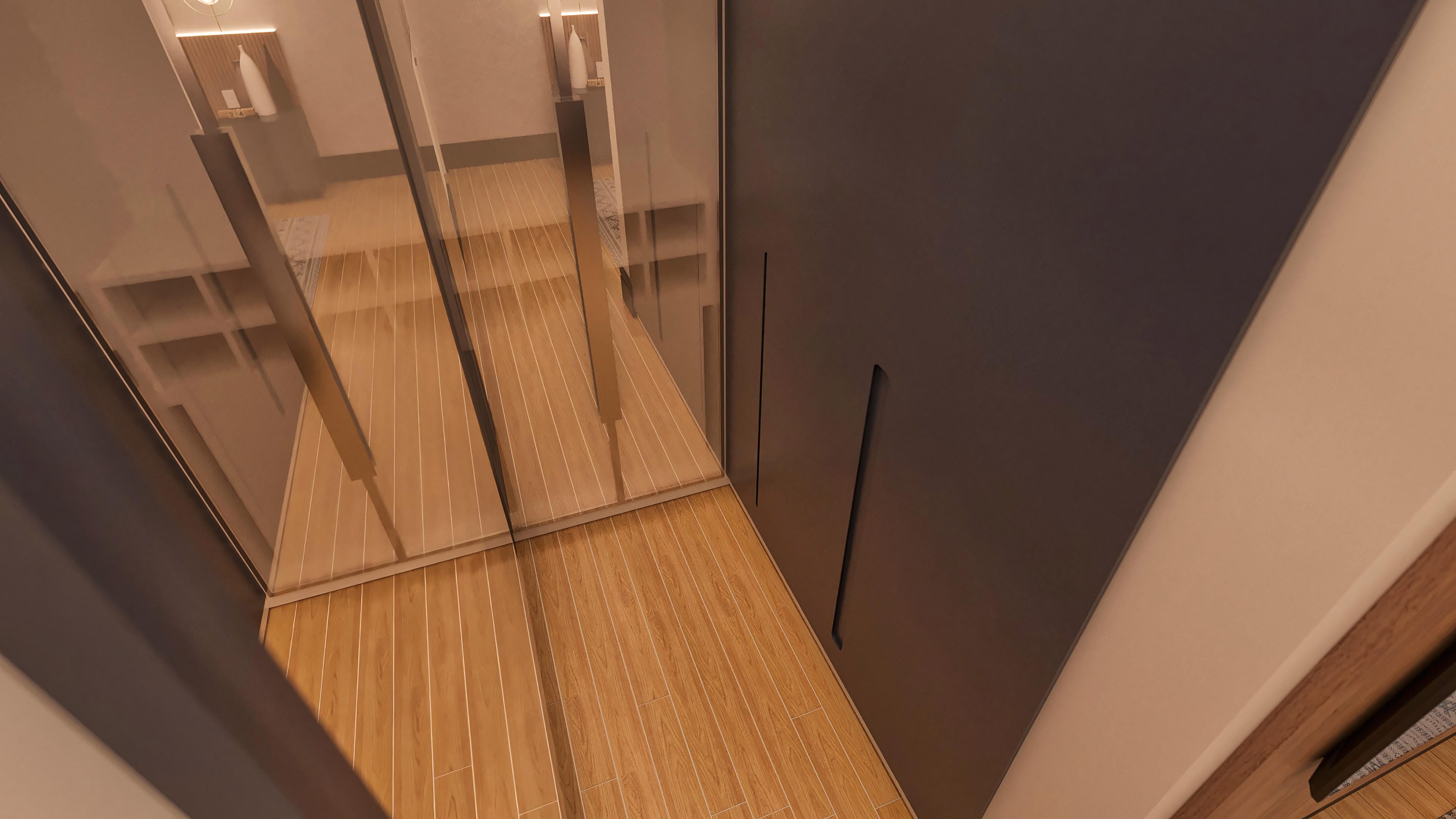 Detalle interno de proyecto arquitectónico moderno, con suelo de madera clara, armarios de espejo e iluminación LED empotrada, creando un ambiente sofisticado.