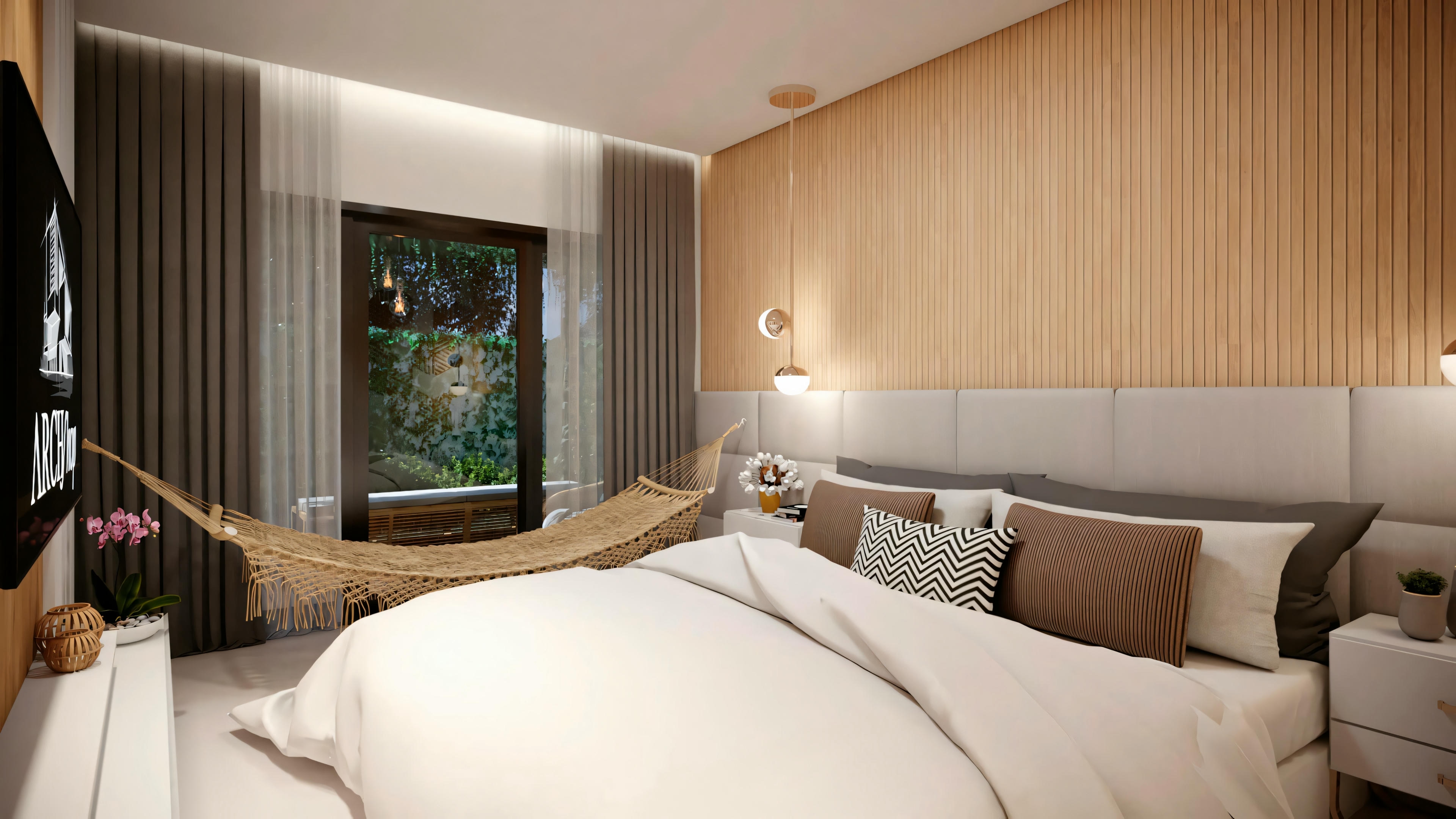 Un dormitorio acogedor con una cama grande, paneles de madera en la pared, iluminación ambiental y una hamaca a los pies de la cama.