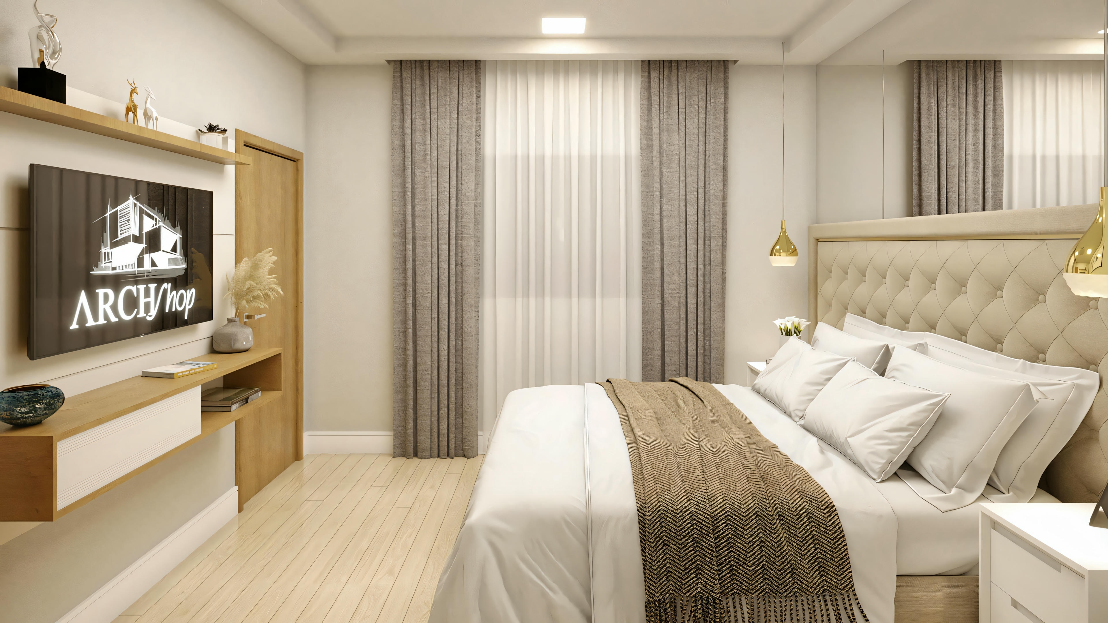 Un dormitorio con cama, mesillas de noche y lámparas. También hay una zona de tocador o escritorio con espejo iluminado.