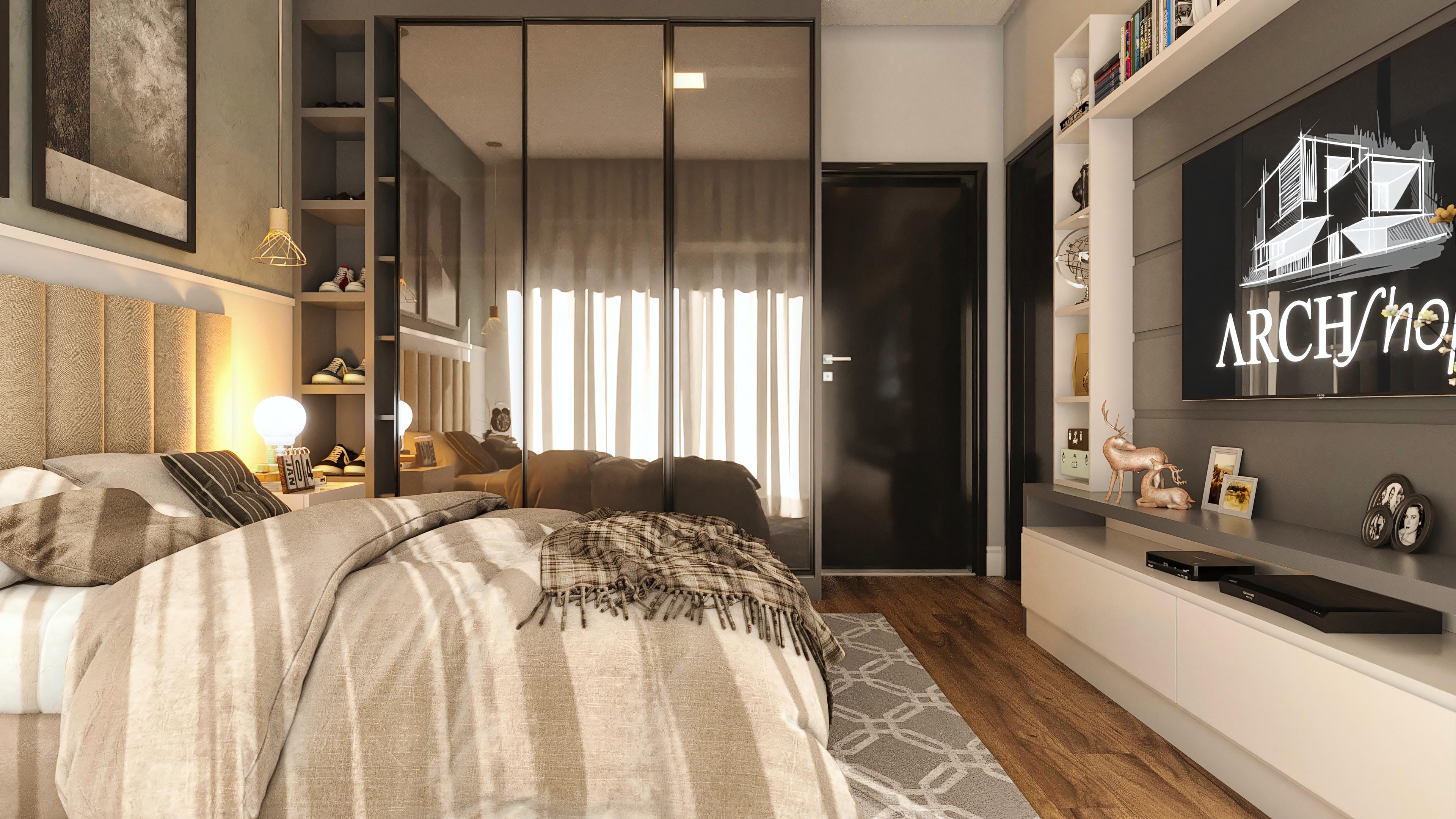 Interior de um quarto moderno, com cama de casal com cabeceira estofada em tom bege, travesseiros confortáveis e manta texturizada. Um armário espelhado com portas de correr domina uma parede, refletindo a iluminação suave e as cortinas brancas.
