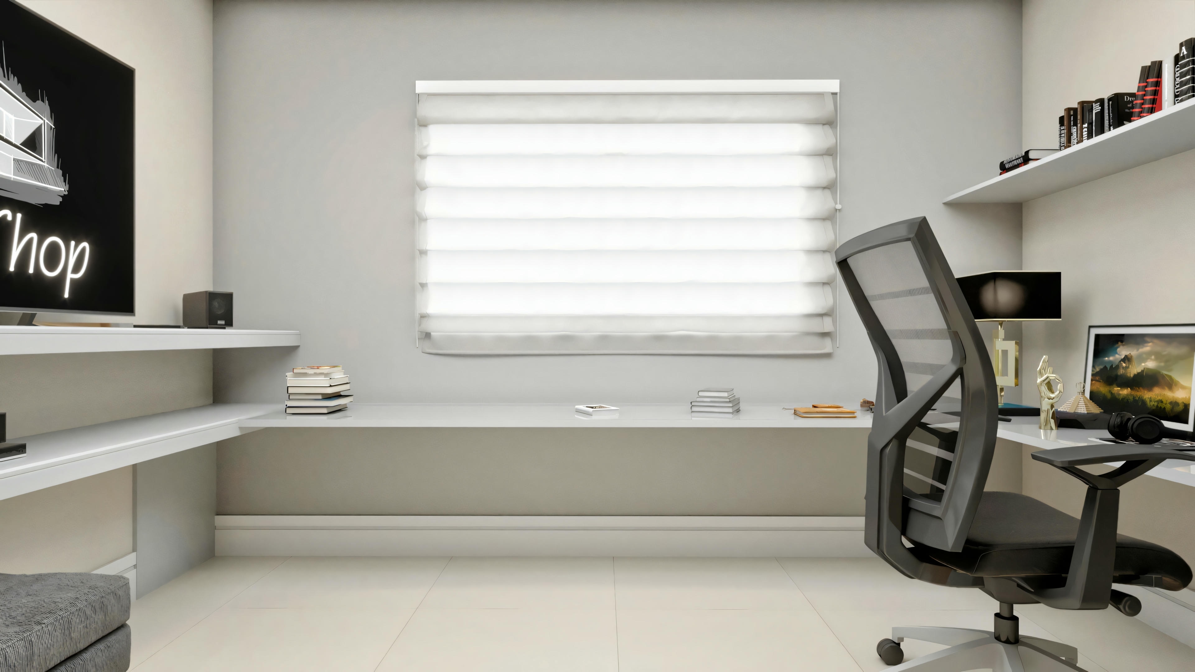 Ambiente de escritório moderno com mesa, cadeira ergonômica, prateleira de livros e janela com persiana, parte de projeto de casa neoclássica moderna.