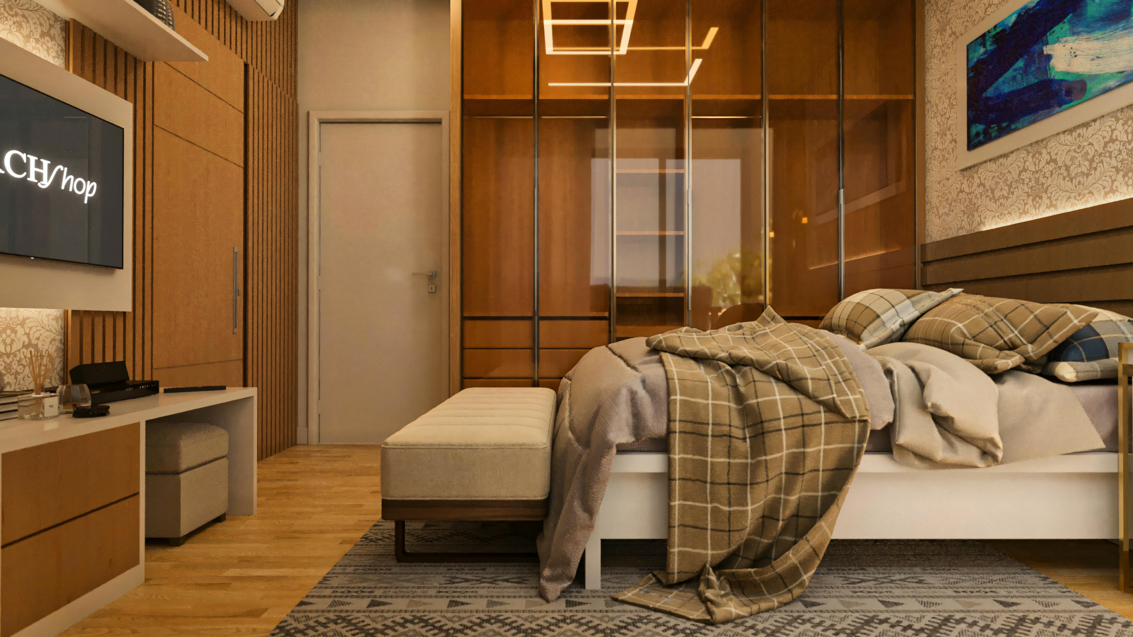 Vista lateral de la habitación suite con cama y banco, amplio closet con puertas de vidrio y estructura de madera, panel de TV de madera listonada, y piso de madera con alfombra estampada, en proyecto de casa.