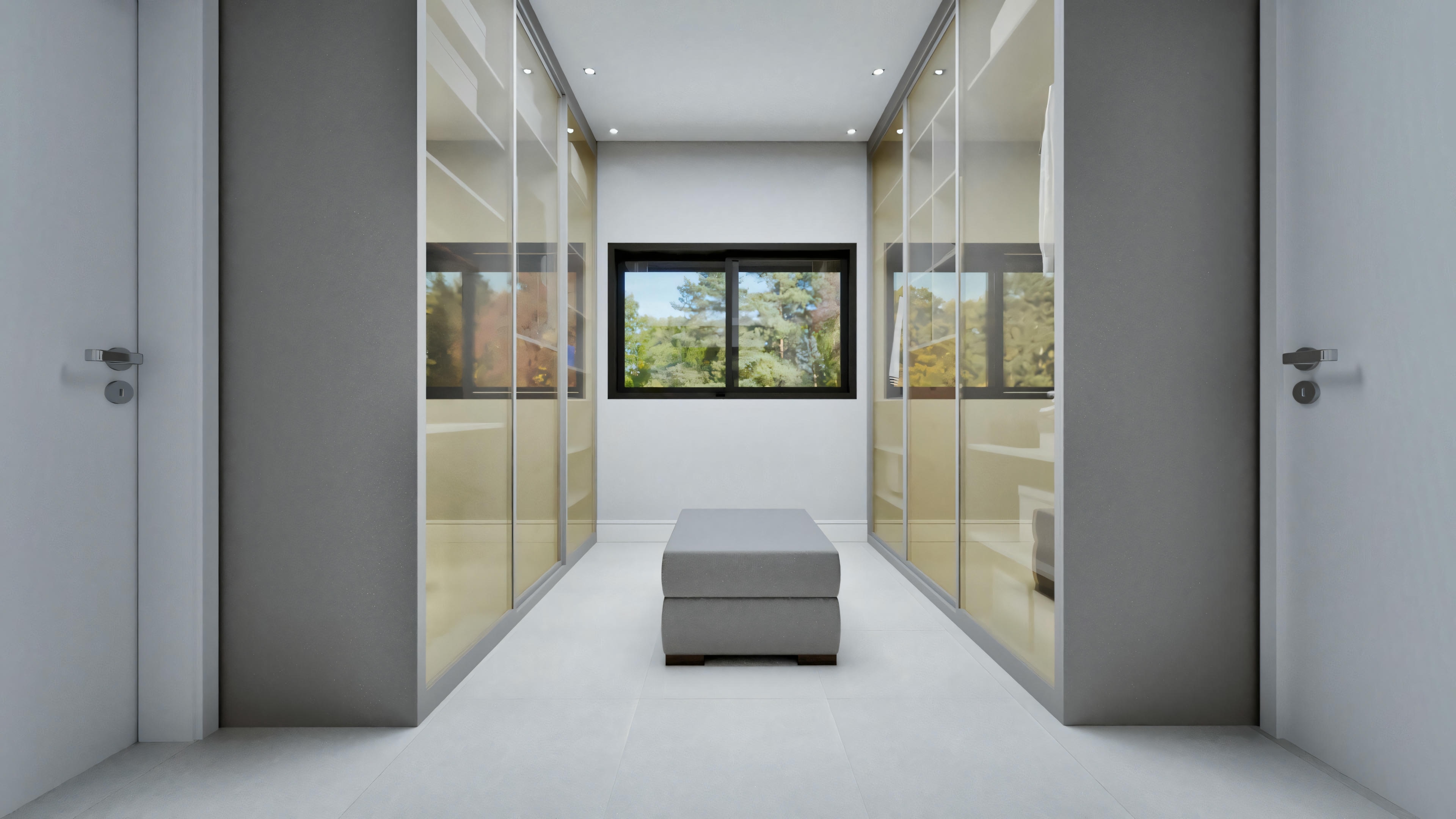 Interior view of a hallway leading to a room with large windows that allow plenty of natural light and an exterior view.