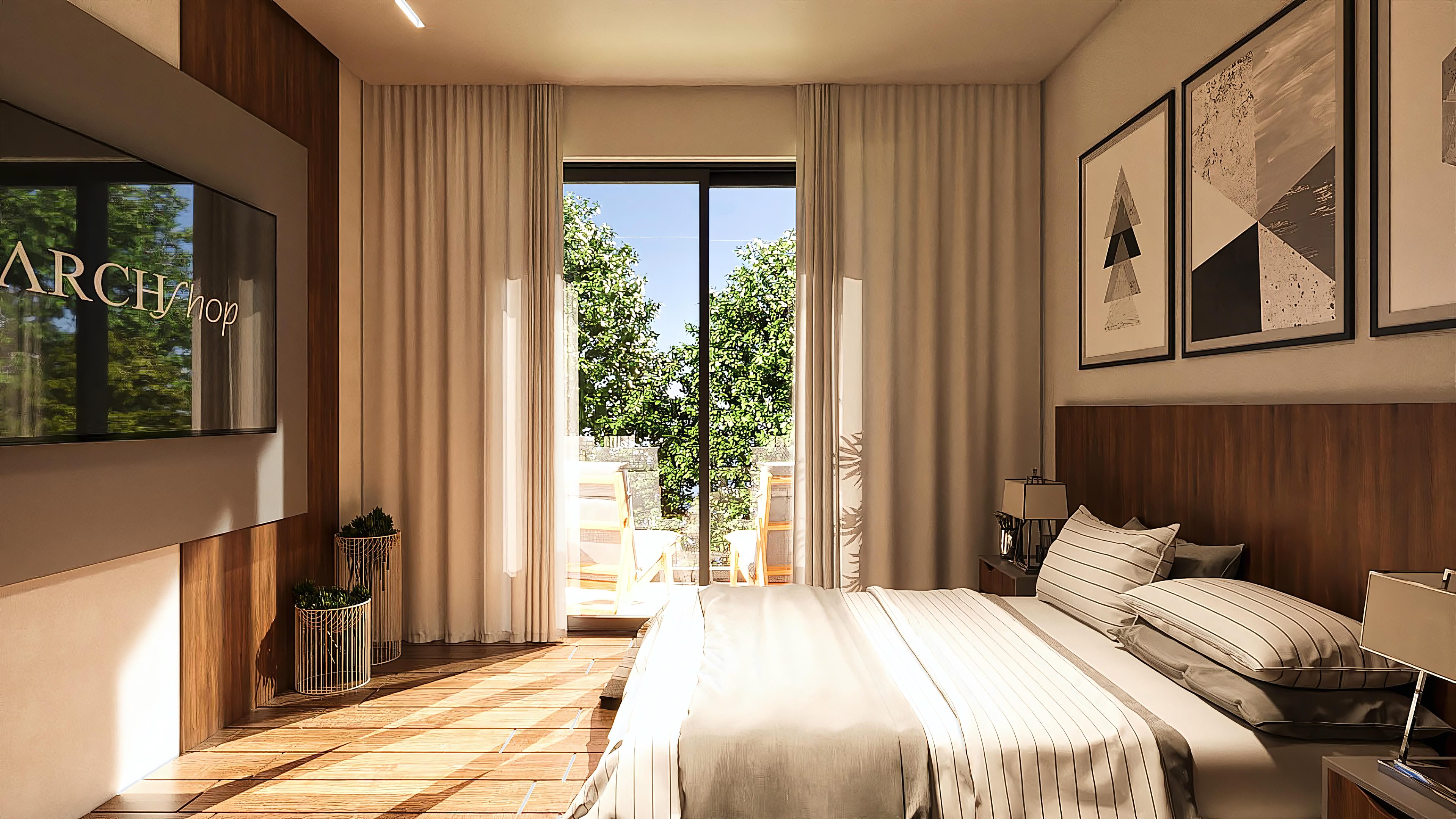 Elegant bedroom of a neoclassical two-story house with wood details and access to a balcony with a view of a lush green area.