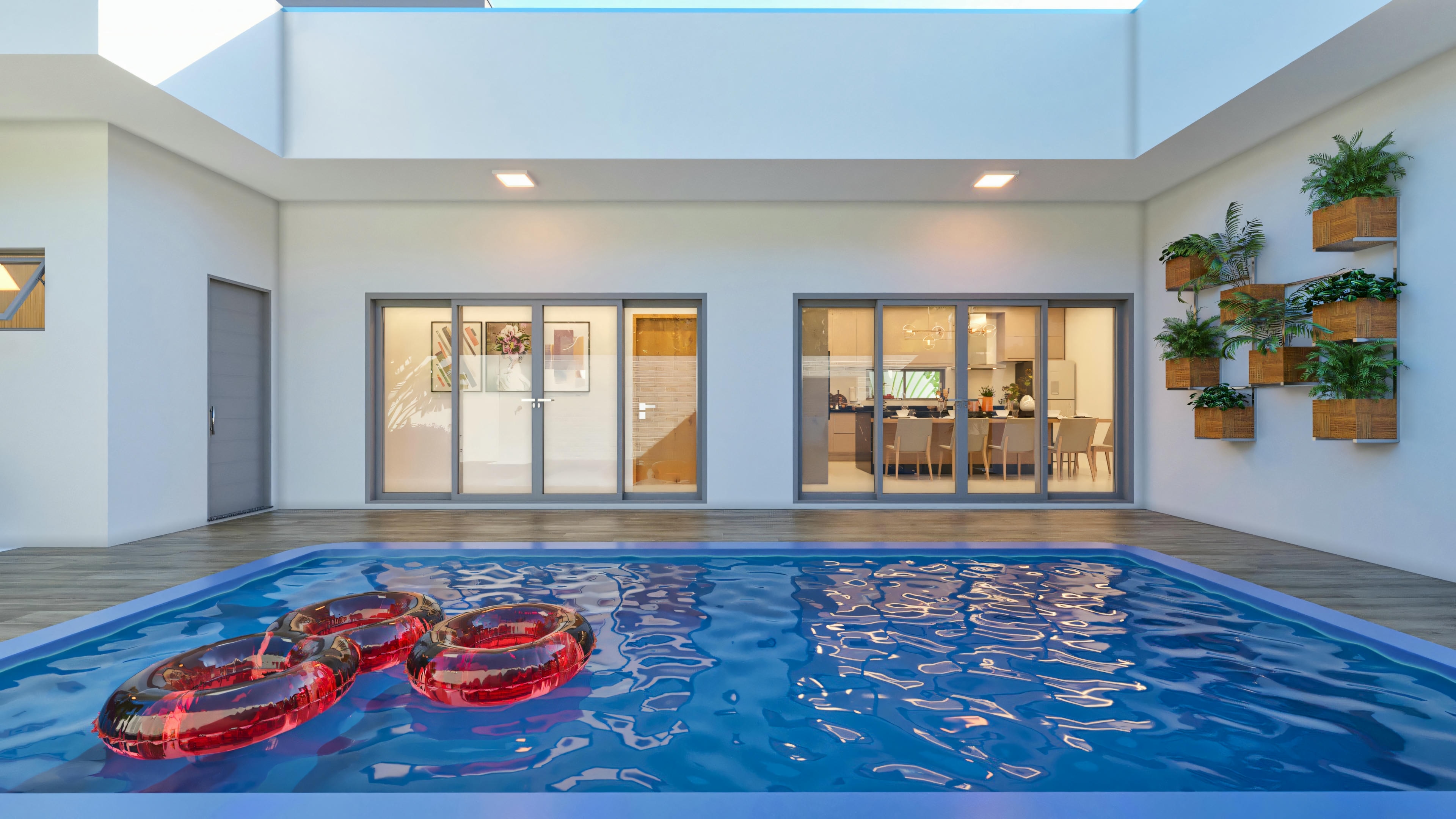 Indoor pool with resting area, large windows, and an exterior view.