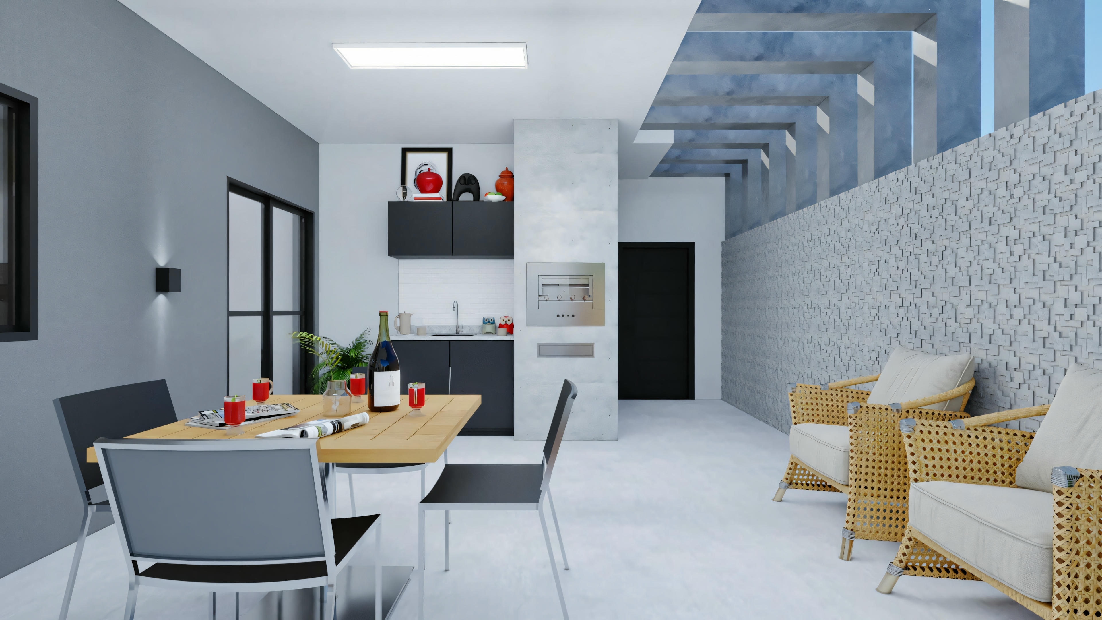 An interior space with a dining area on the left, featuring a set table and modern chairs, and a kitchen in the background with white cabinets. On the right, there is a living area with a sofa, armchair, and coffee table.