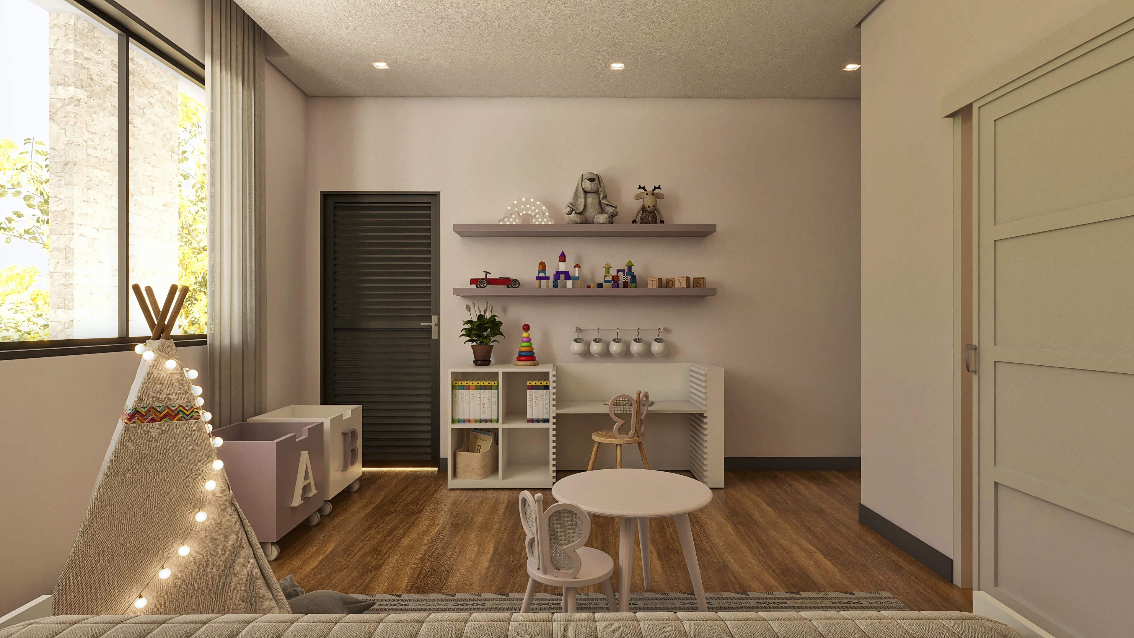 Interior de una habitación infantil en casa de dos plantas moderna, con suelo de madera, pared clara, estanterías con juguetes, un tipi decorado con luces y muebles adecuados para niños.