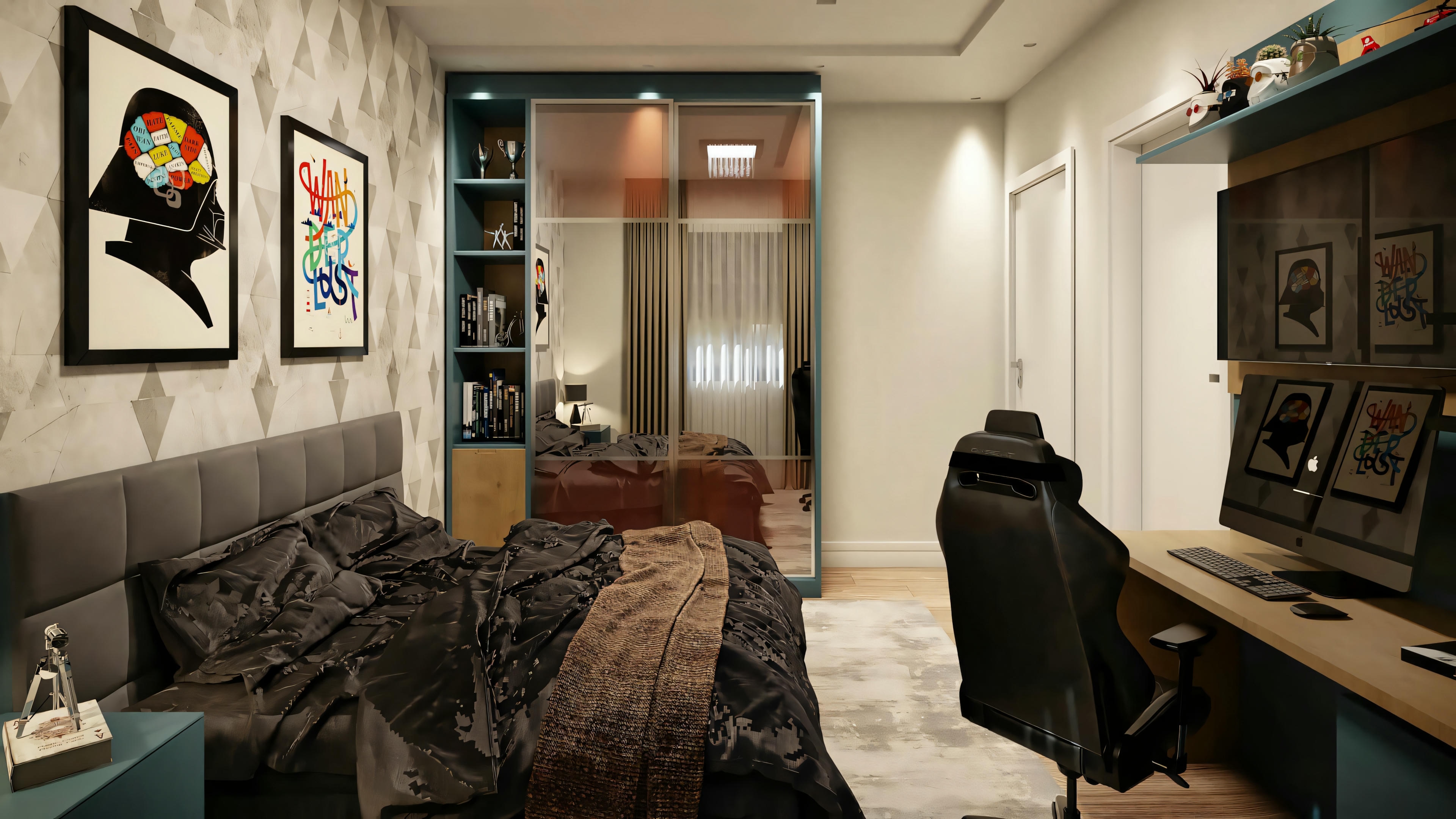 Living or hallway area com red e white walls, a black office chair, e a desk com a computer monitor.