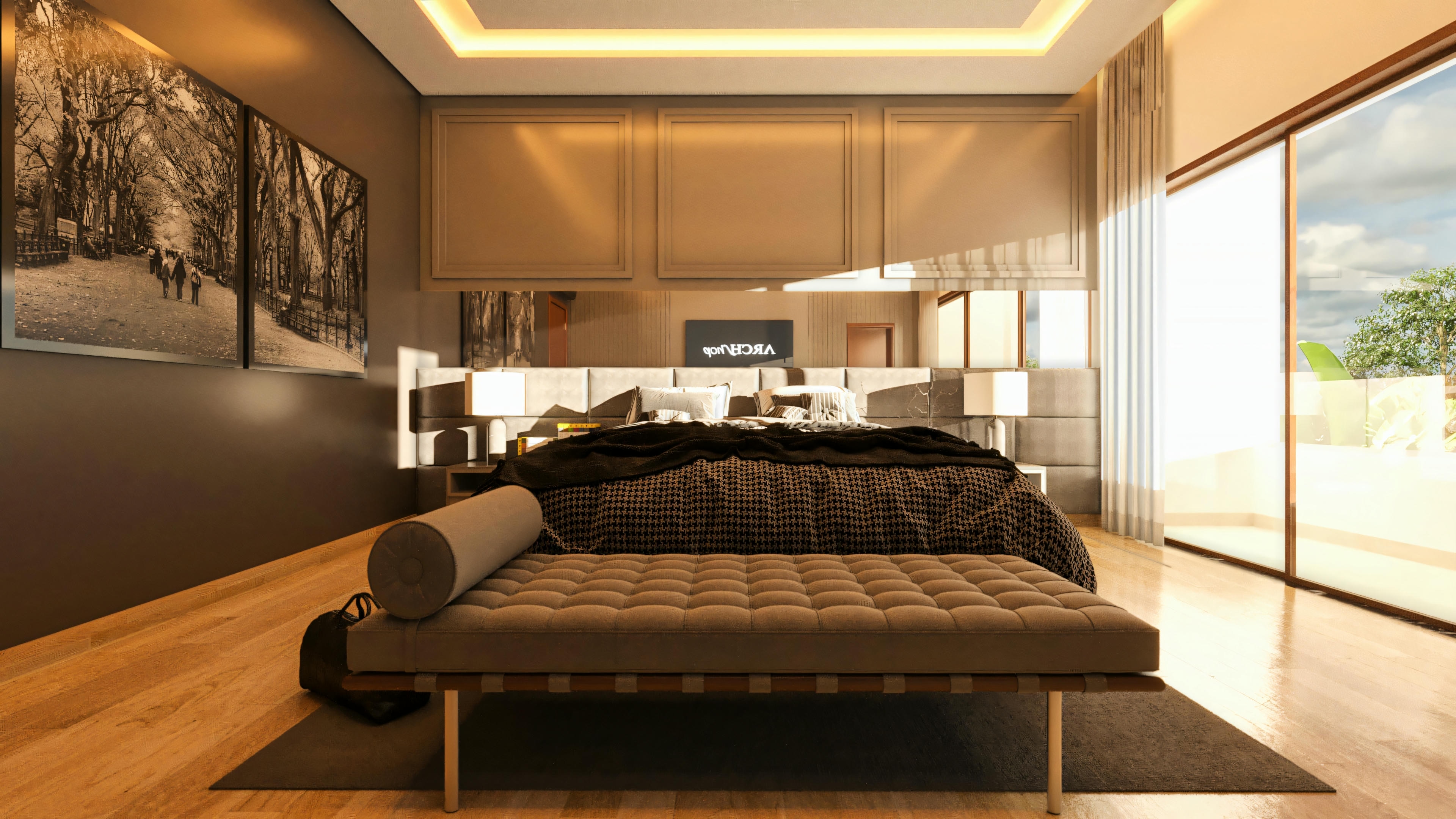 Suite bedroom of a modern house project, showing a custom TV panel in neutral tones, linear recessed lighting in the plaster ceiling, wooden door, and laminate flooring. It is part of a house project with 4 suites, 7 bathrooms, and a total area of 555.9m² on a 20x35 lot.