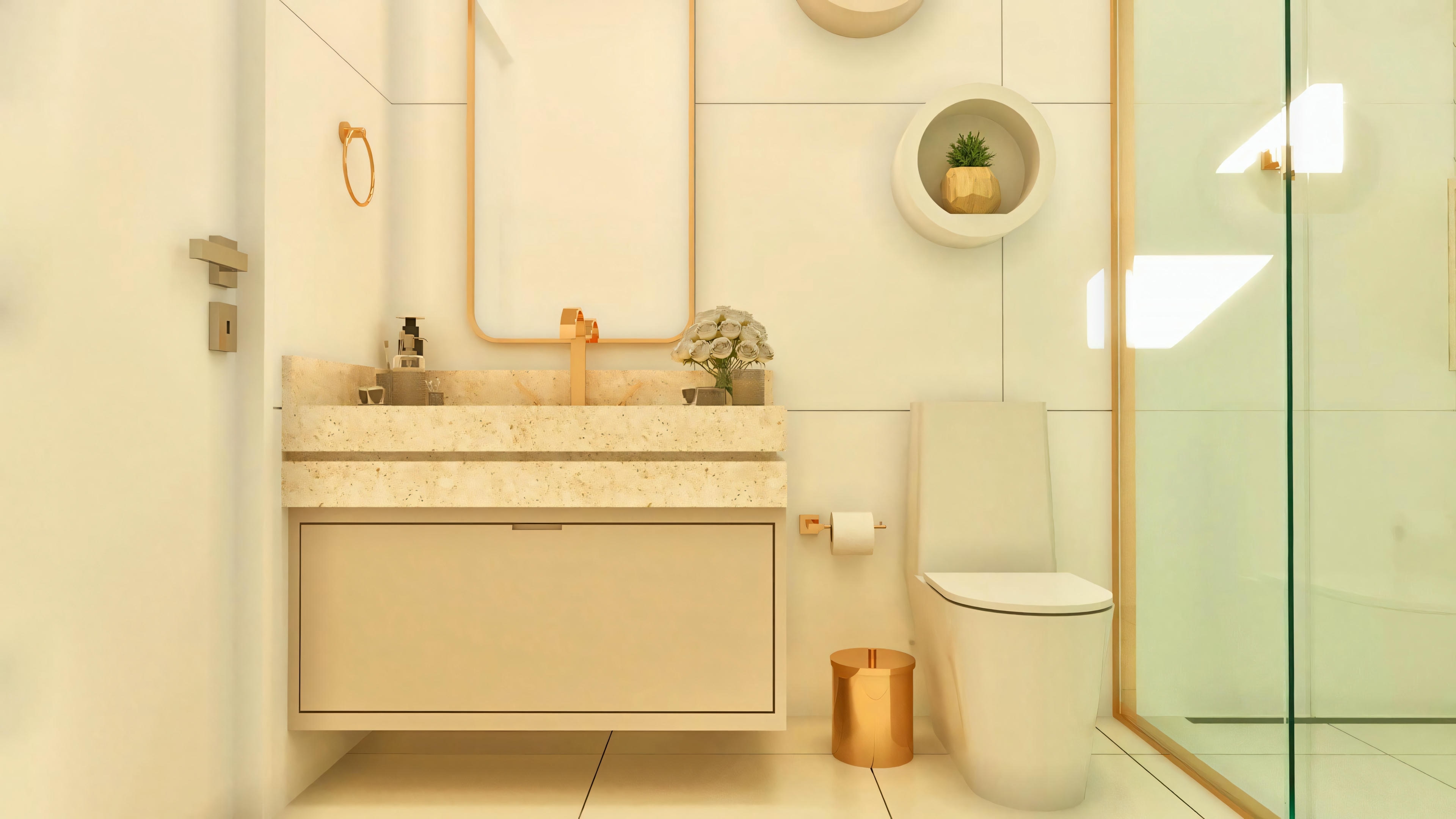 Modern suite bathroom in a luxury house with rose gold/copper finish fixtures, floating countertop, and glass shower enclosure.