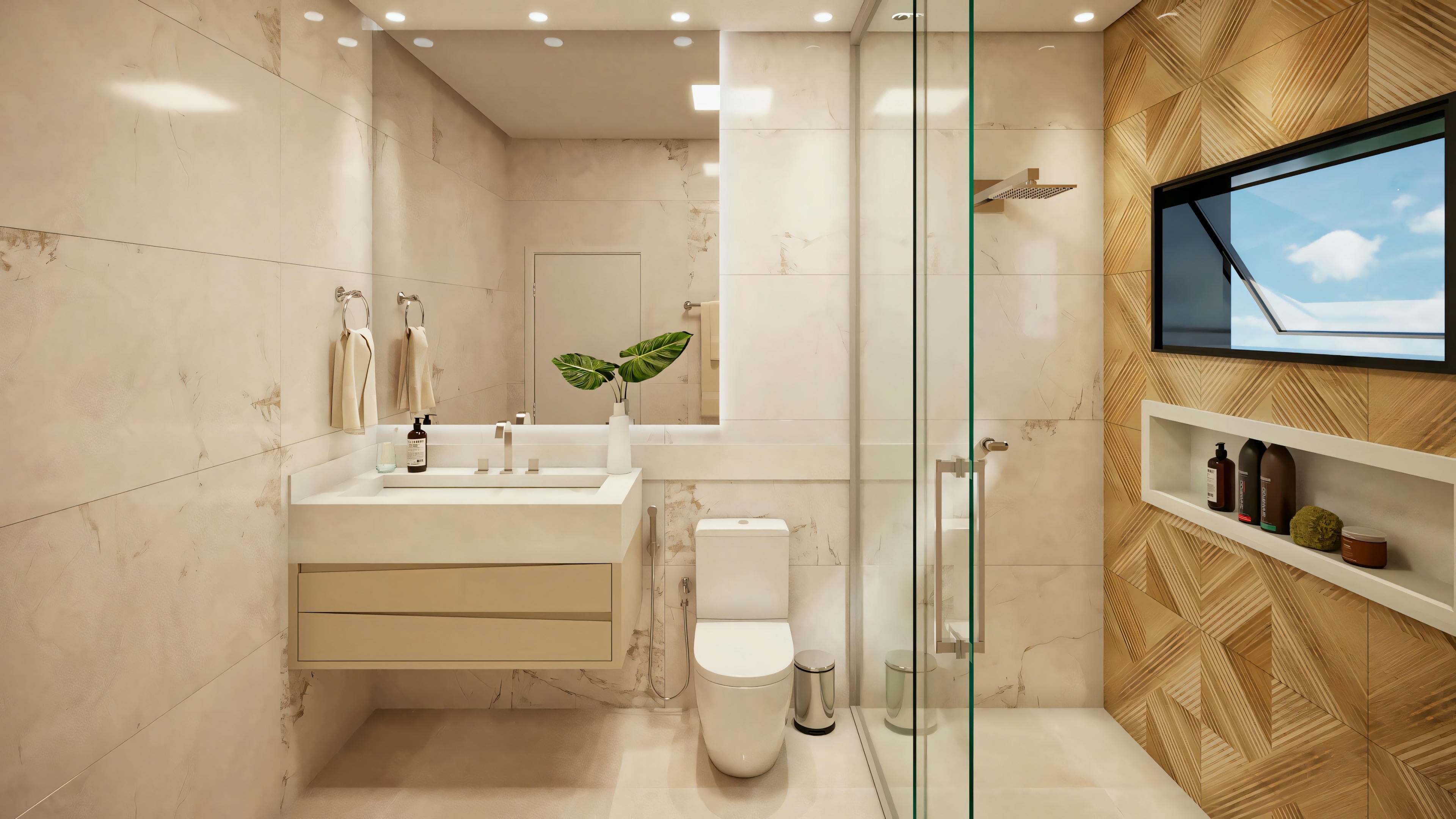 Modern bathroom with a glass shower enclosure, toilet, and sink with a mirror above.