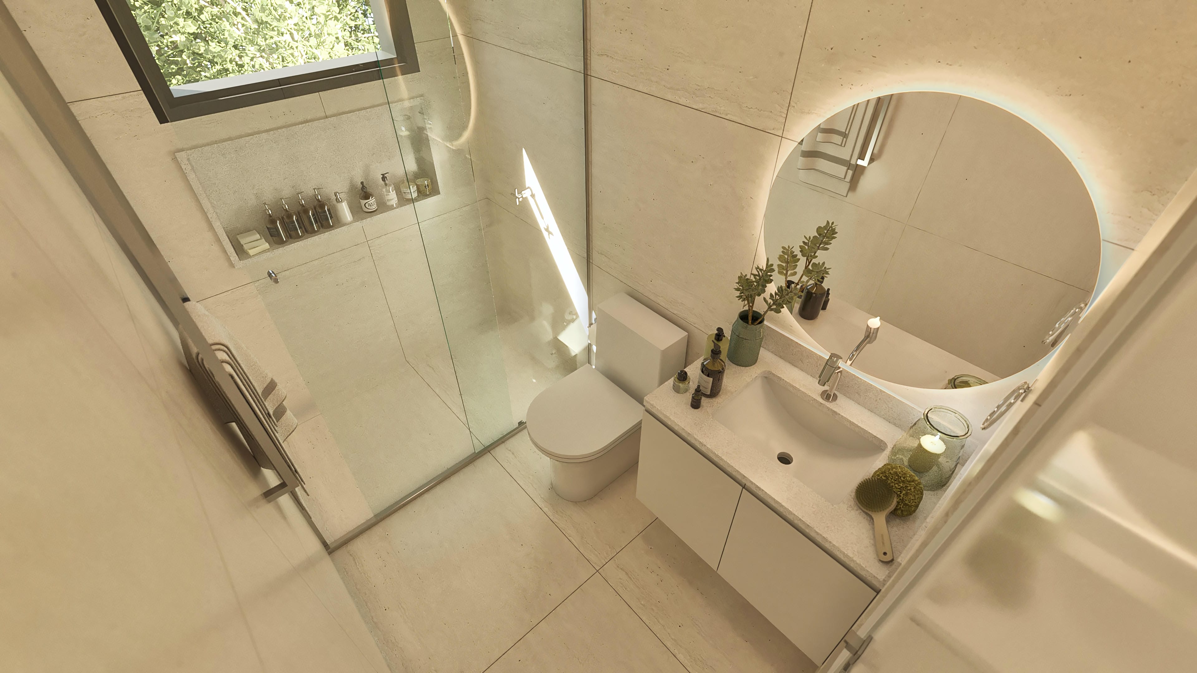 Bathroom with light-toned cladding, LED-illuminated round mirror, and tempered glass shower enclosure. Includes a niche with hygiene items and a countertop with a vessel sink.