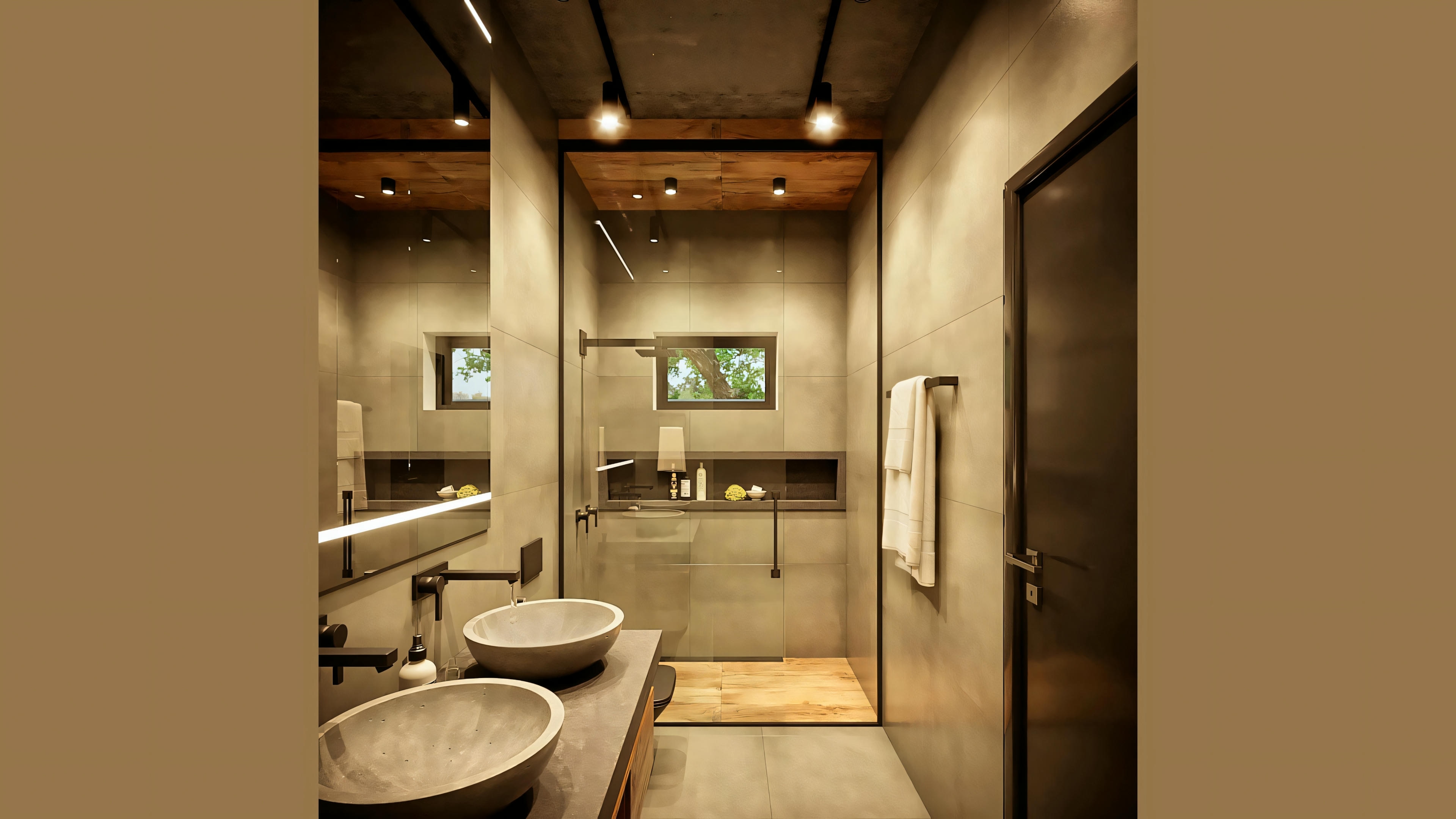 Modern bathroom with mirrors, sinks, and contemporary light fixtures.