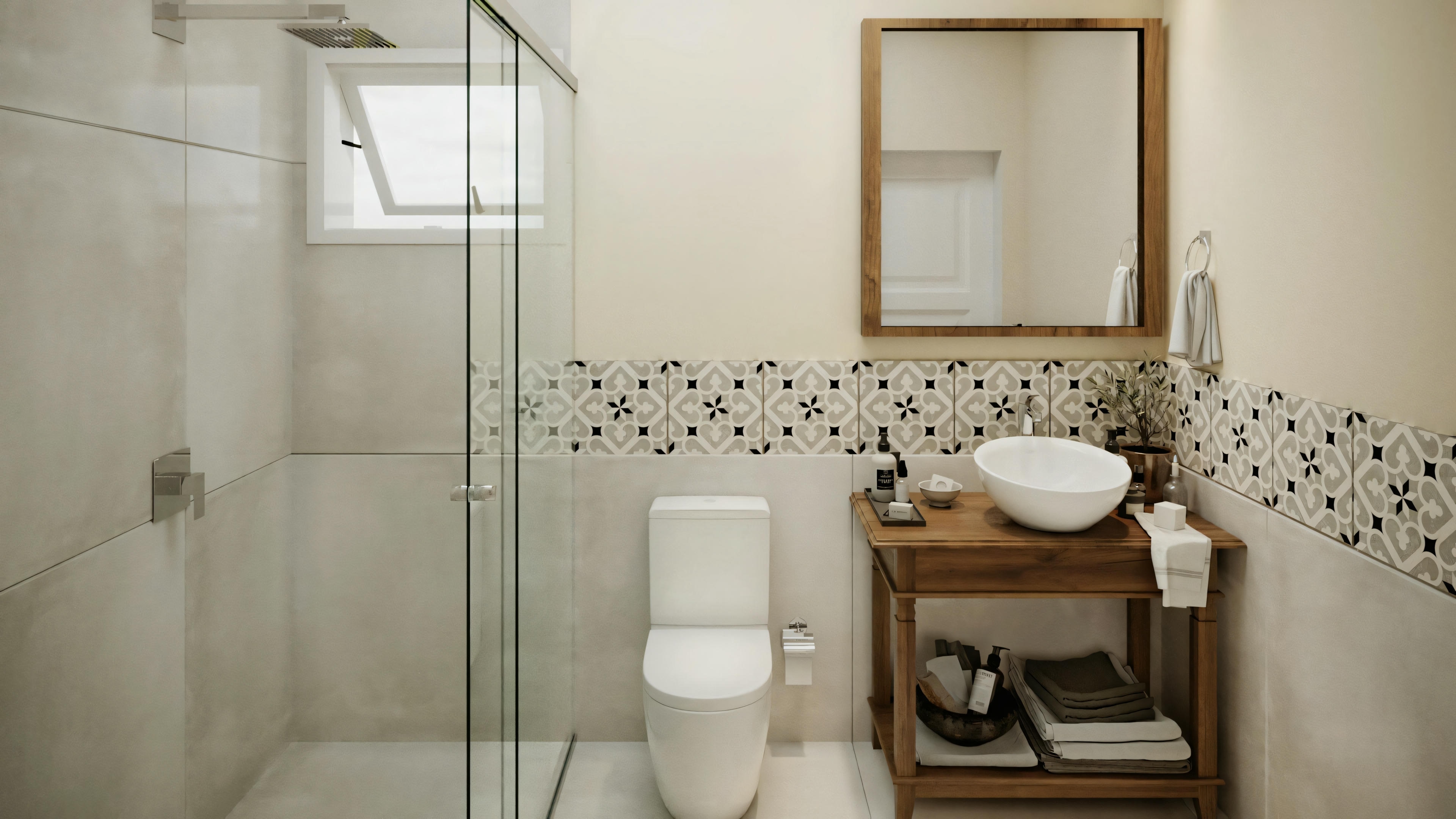 Bathroom with shower stall, toilet, sink, mirror above the sink, and decorative wall tiles.