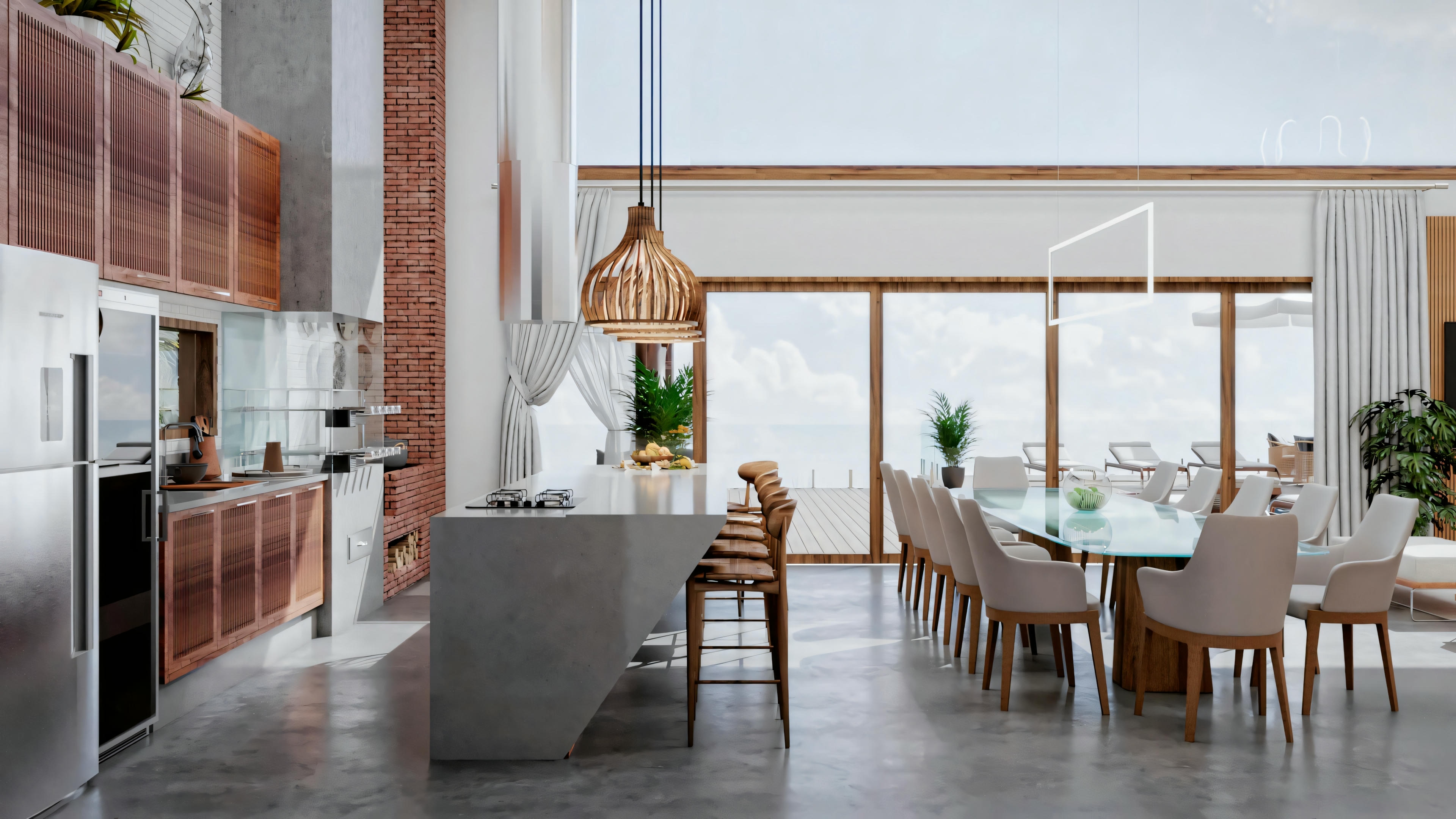 A dining area with a large table and chairs, situated in a room with floor-to-ceiling windows offering an exterior view.