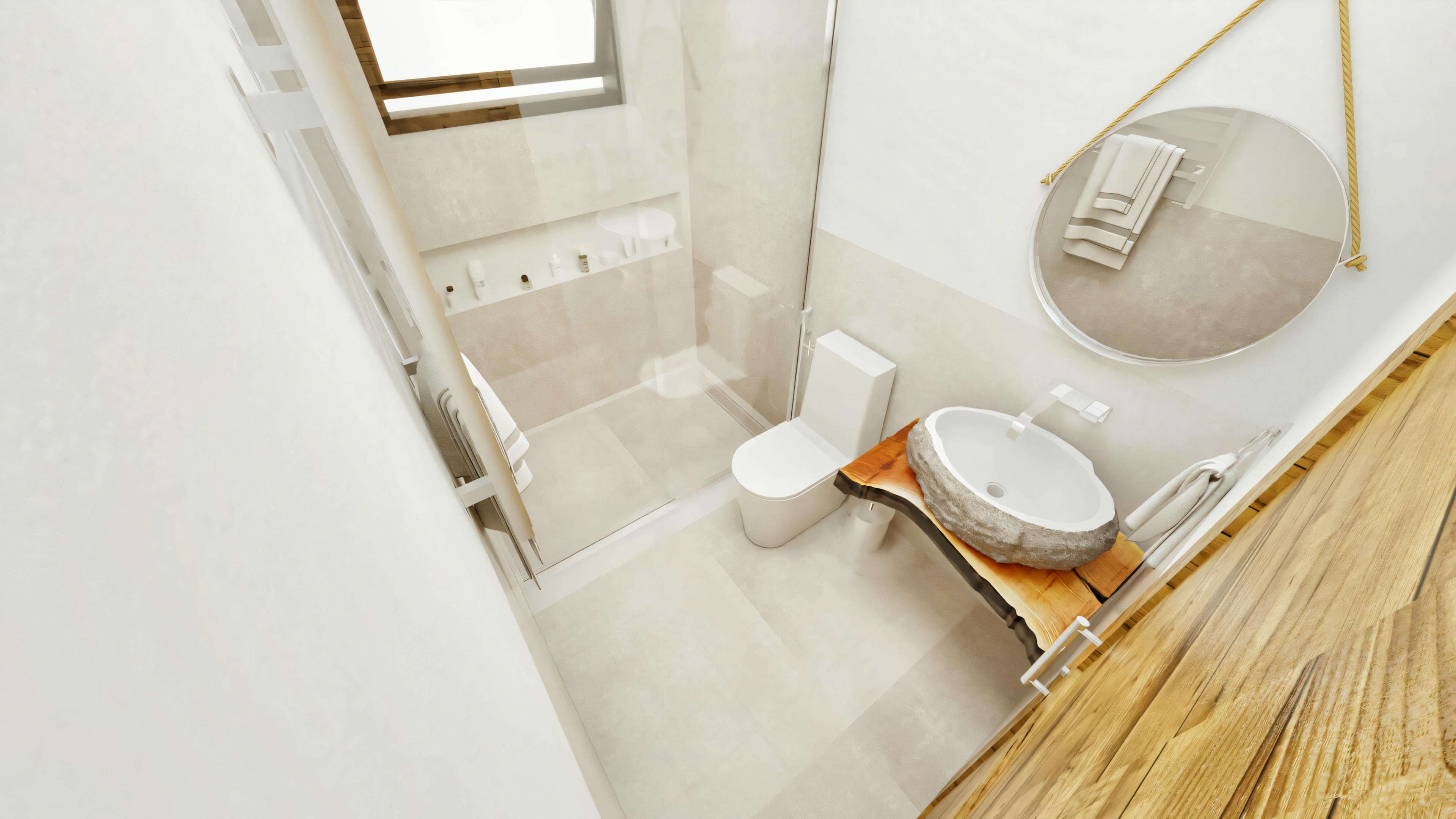 Top view of the rustic-modern style bathroom in a 4-suite ground floor house, showing a shower stall with a niche, a stone sink on a wooden countertop, and a high window.
