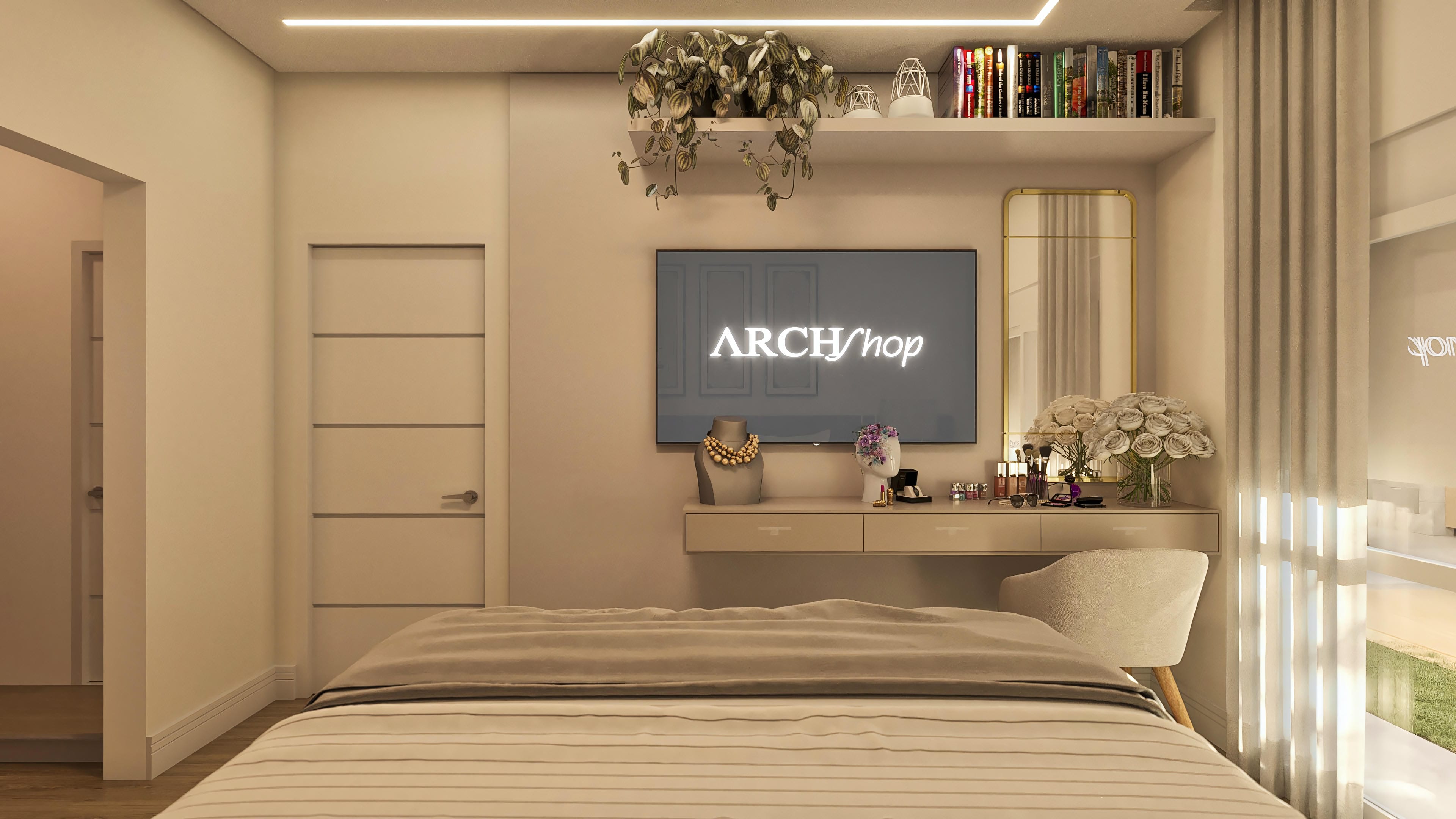 Interior of a bedroom with a bed, vanity table, and minimalist decoration. Built-in ceiling lighting and clean design baseboard.
