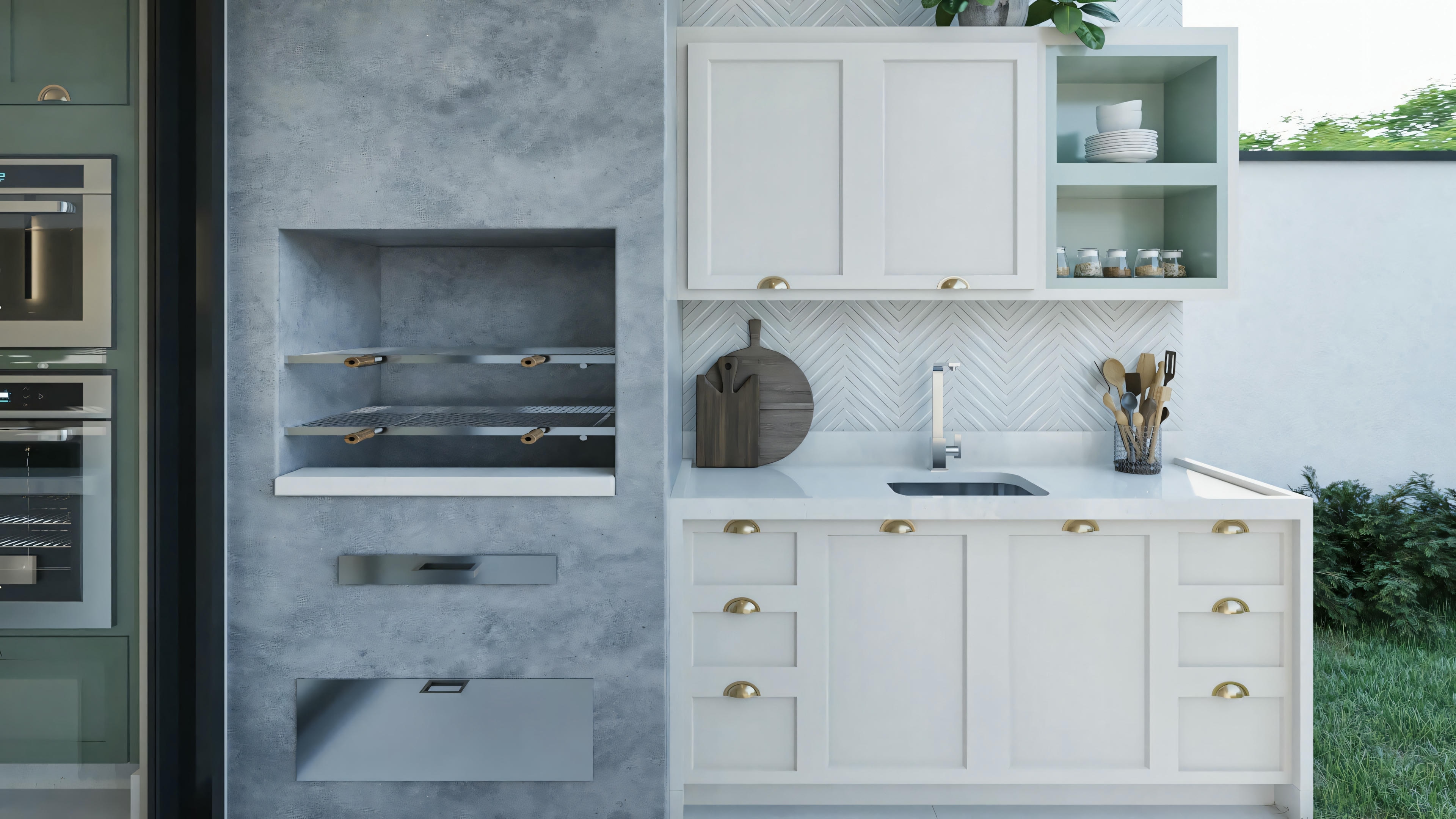 Close-up view of kitchen cabinets, with sink and stove on the counter.