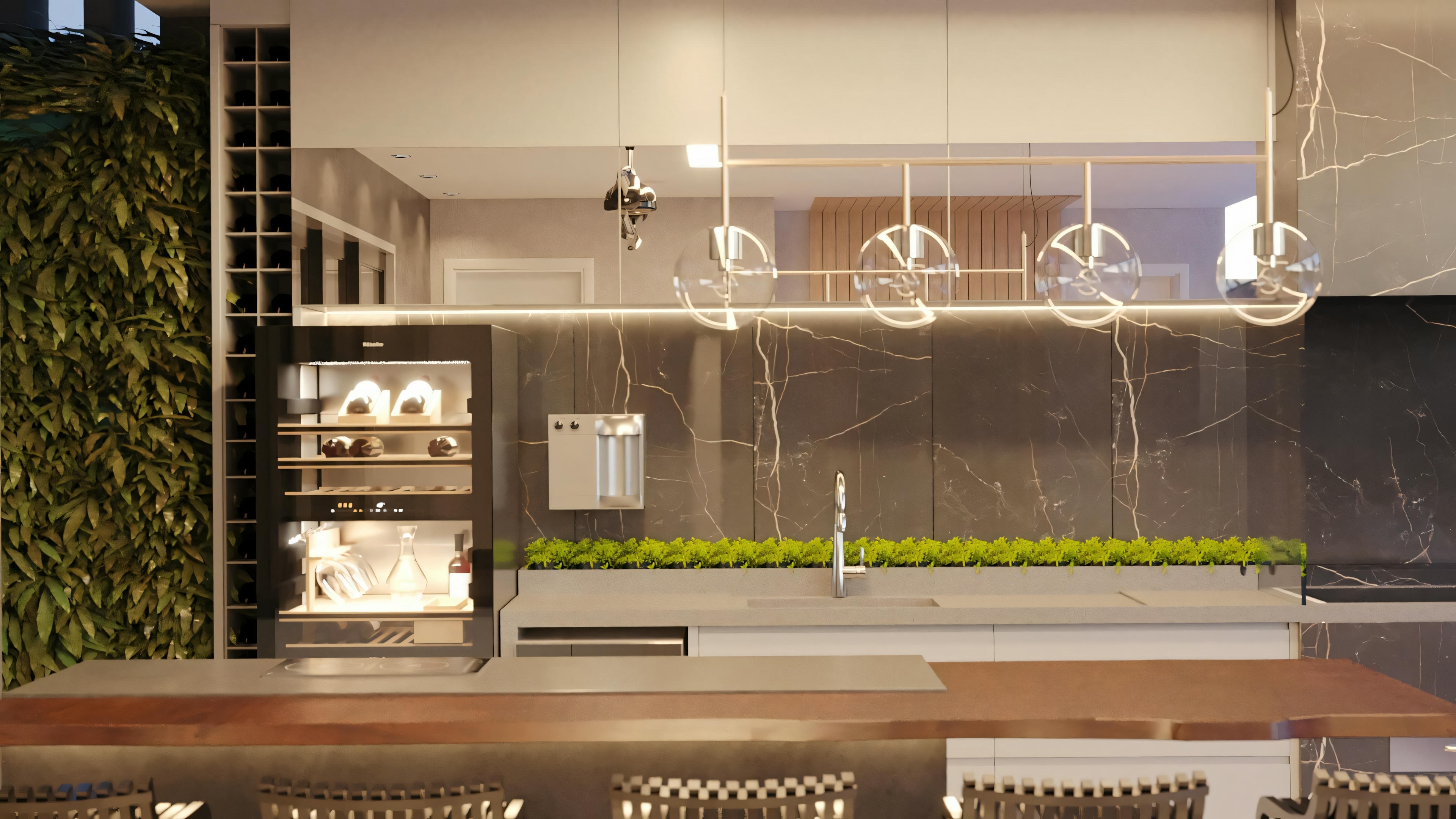 A modern kitchen with sleek cabinets, integrated lighting, stools at the counter, and pendant lights.