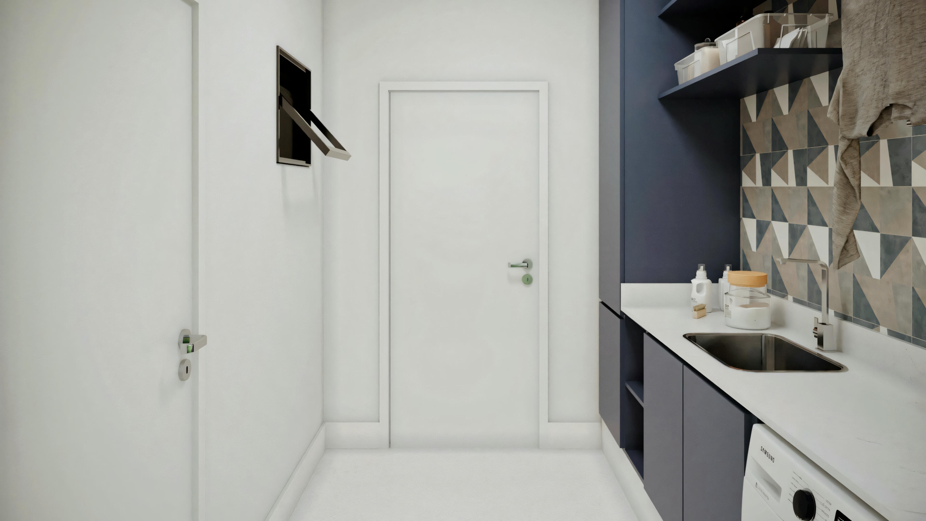 Laundry room with a white door on the back wall, a countertop with a sink to the right, and a patterned backsplash.