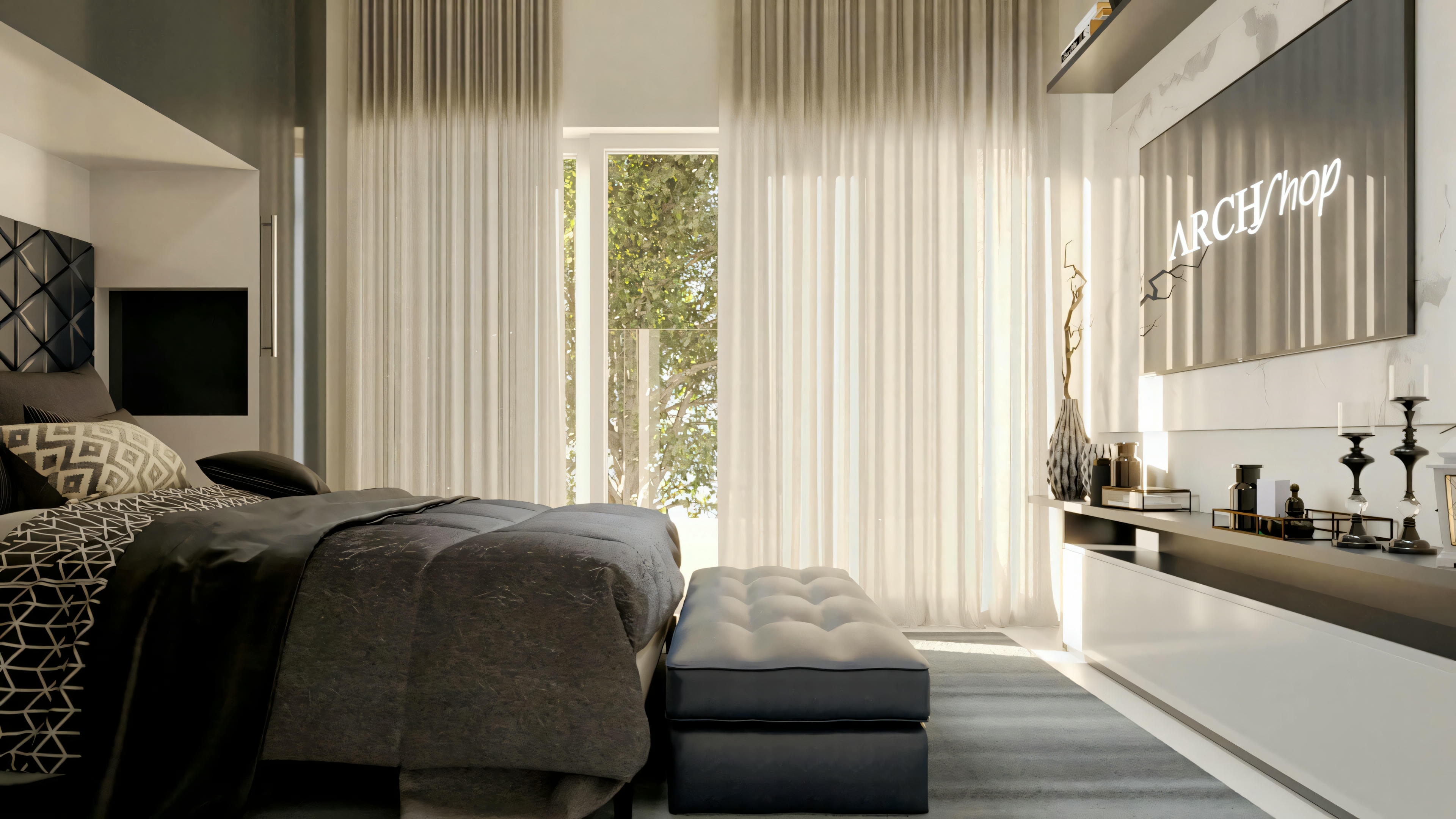 Suite bedroom detail in Archshop residential project. This 3-bedroom (suites) house project features contemporary interior design, TV panel and ample natural lighting. Ideal for those looking for a ready-made and modern project.