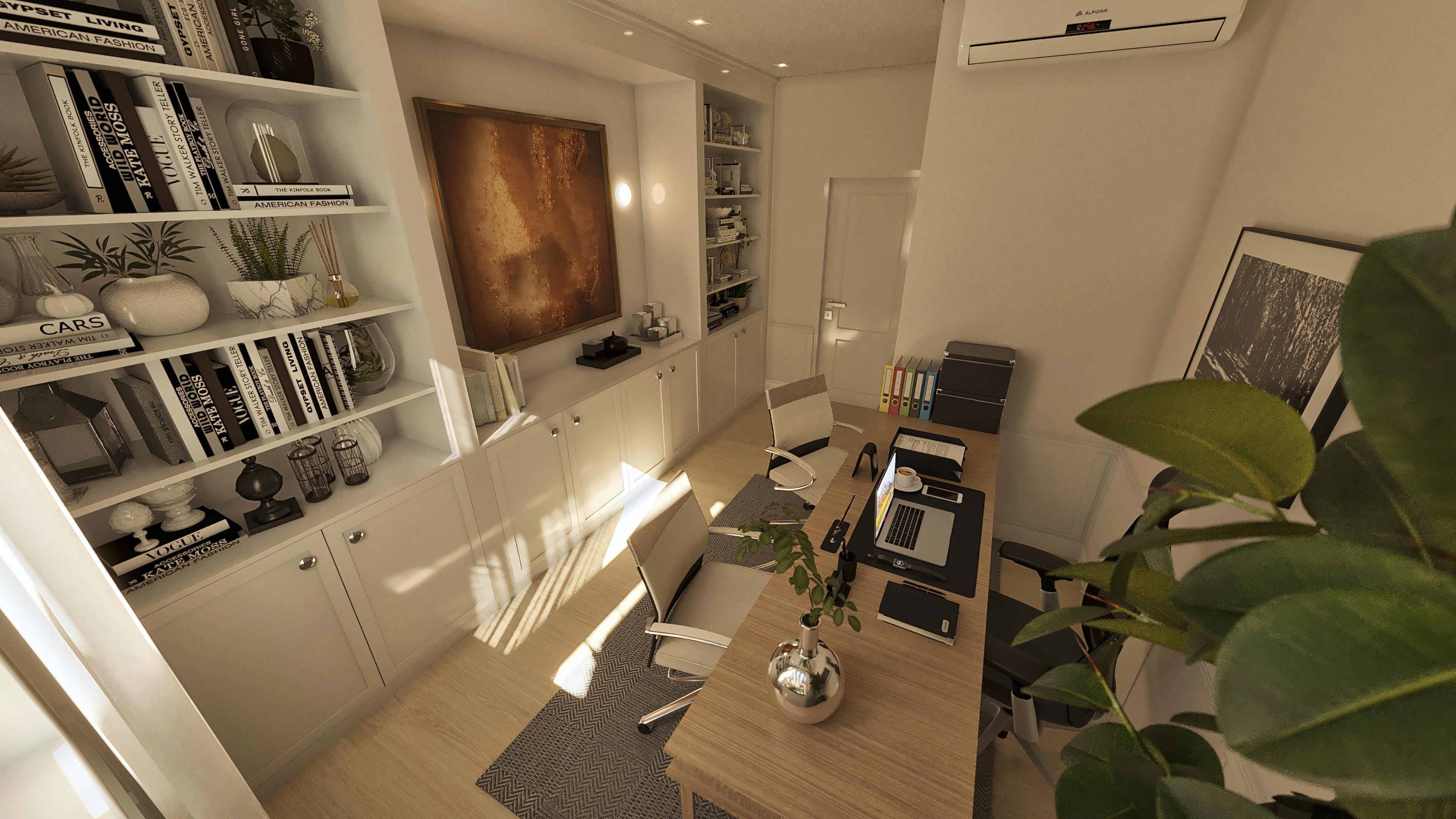 Espacio de trabajo con escritorio de madera clara, silla ergonómica, repisas blancas con libros y objetos decorativos, y una pintura abstracta en la pared.