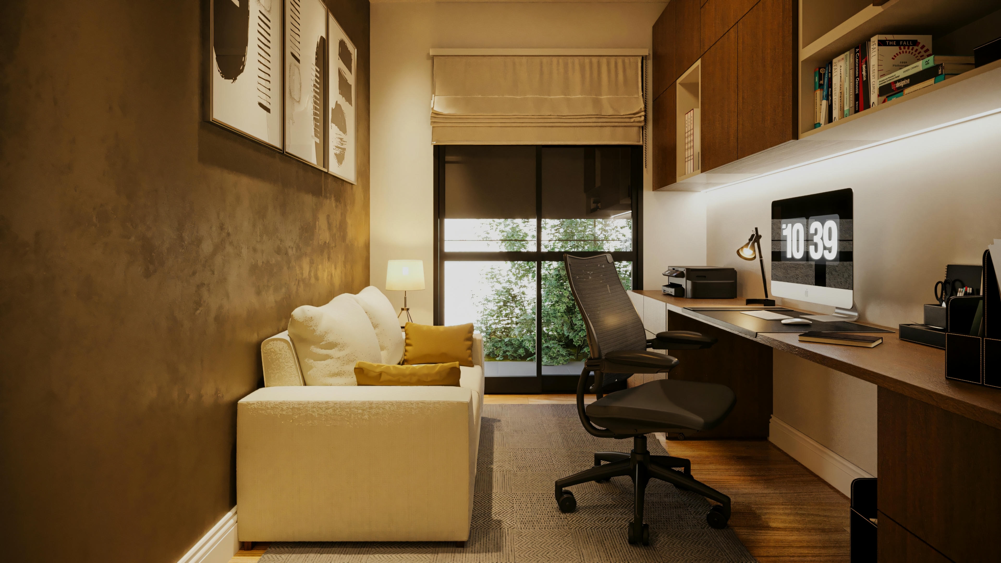 Oficina residencial con encimera de trabajo, computadora, silla ergonómica, armarios suspendidos y pequeño sofá, en casa con 3 suites.