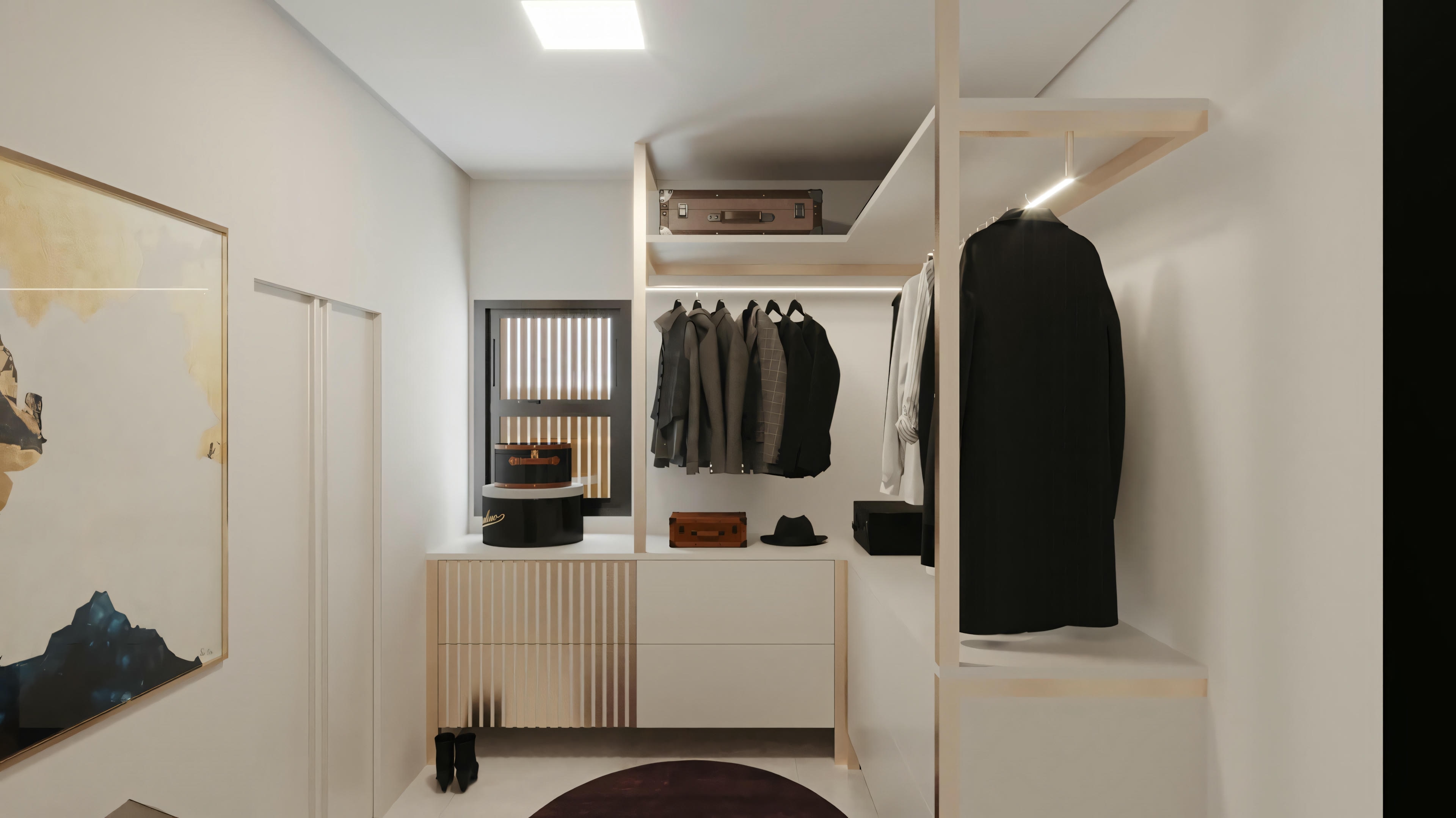 A closet with clothes hanging on hangers, shelves with various items, and an open drawer showing folded clothes.
